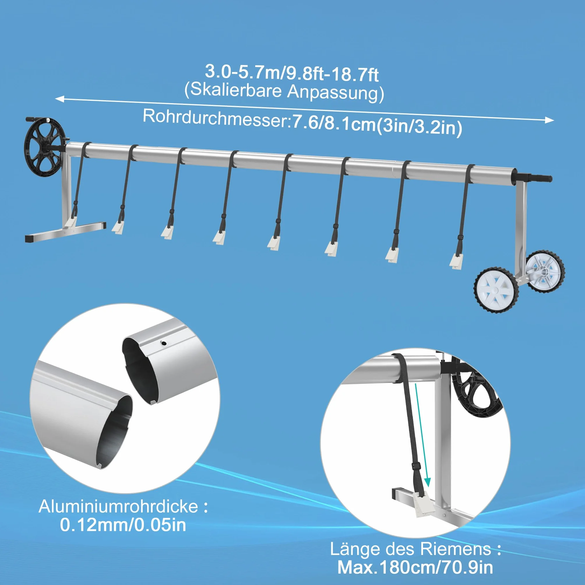Froadp Pool Aufroller Aufrollvorrichtung 300-570cm Swimming Pool Zubehör aus Aluminium Aufrollsysteme Schwimmbadabdeckung Witterungsbeständiges Aufroller Poolabdeckung für Solarplane und Poolplanen