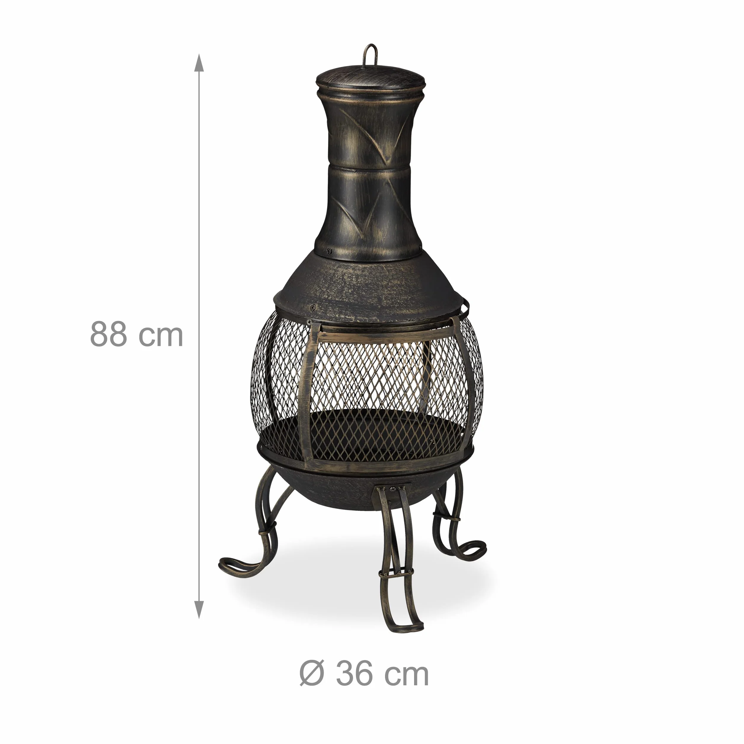 Relaxdays Terrassenofen, Stahl & Gusseisen, HxD: 88x36 cm, Gartenkamin Funkenschutz, Chiminea, Aztekenofen, schwarz/Gold