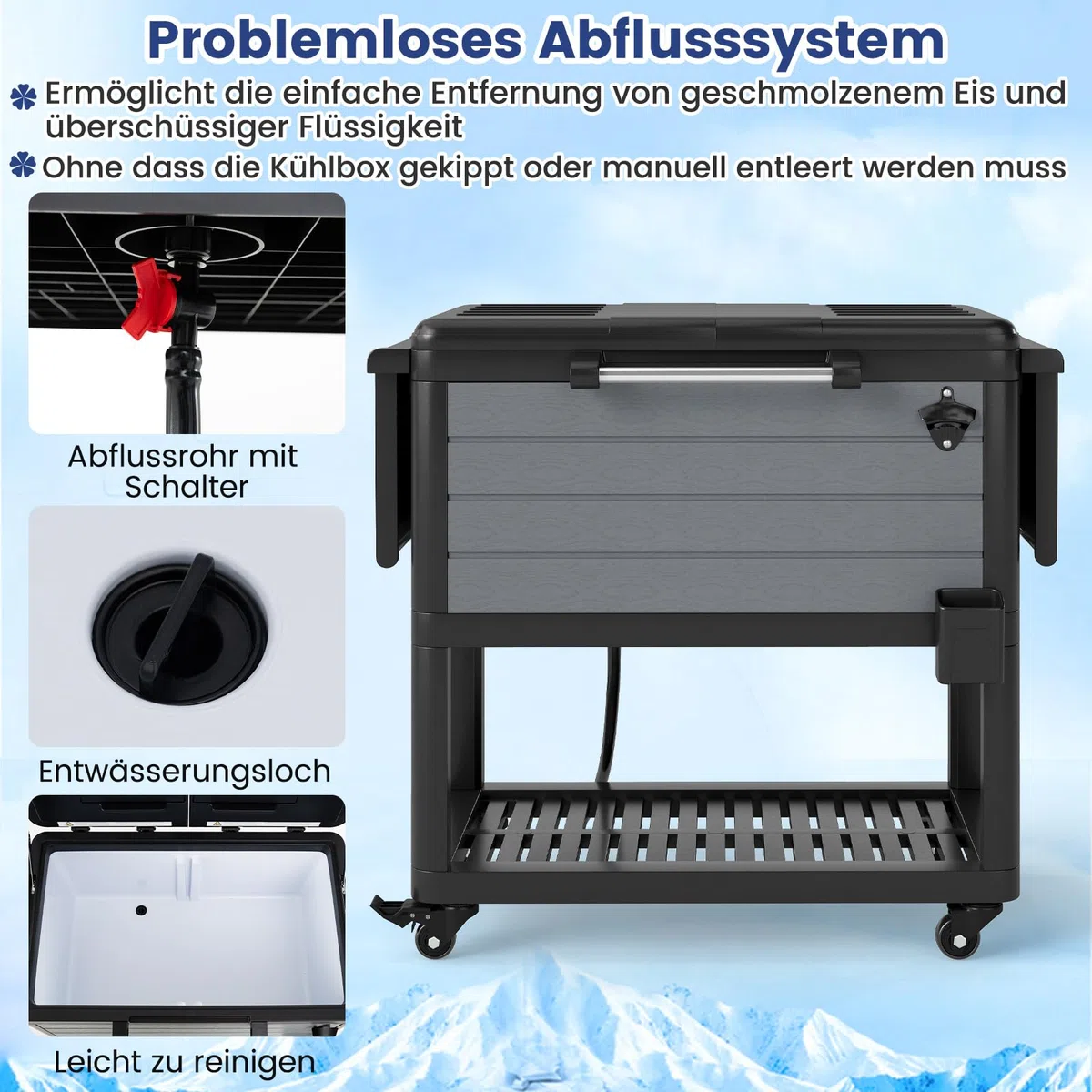 GOPLUS Kühlwagen, Servierwagen mit Rollen, Getränkekühler mit 2 Seitenablagen & Flaschenöffner, Kühlerbox mit großer Kapazität von 91 L, für Outdoor Terrassen Party, Grau