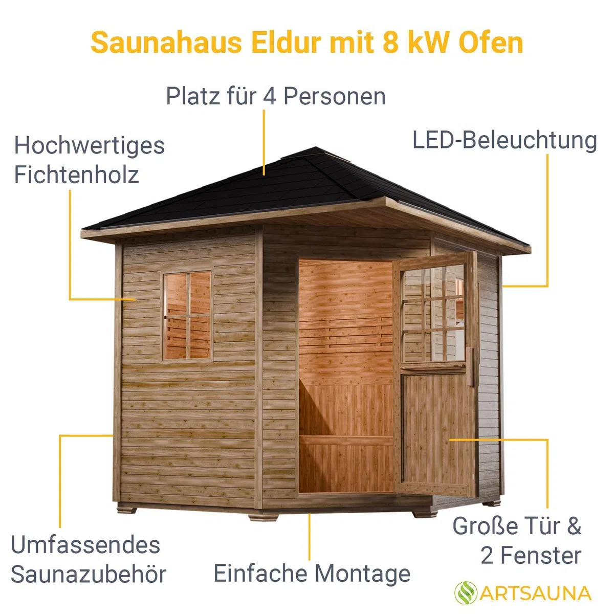 Artsauna Gartensauna Eldur mit 8 kW Ofen, Beleuchtung & Zubehör - Saunahaus aus Fichtenholz - Außensauna für 4 Personen - Outdoor Sauna 200x200x256 cm