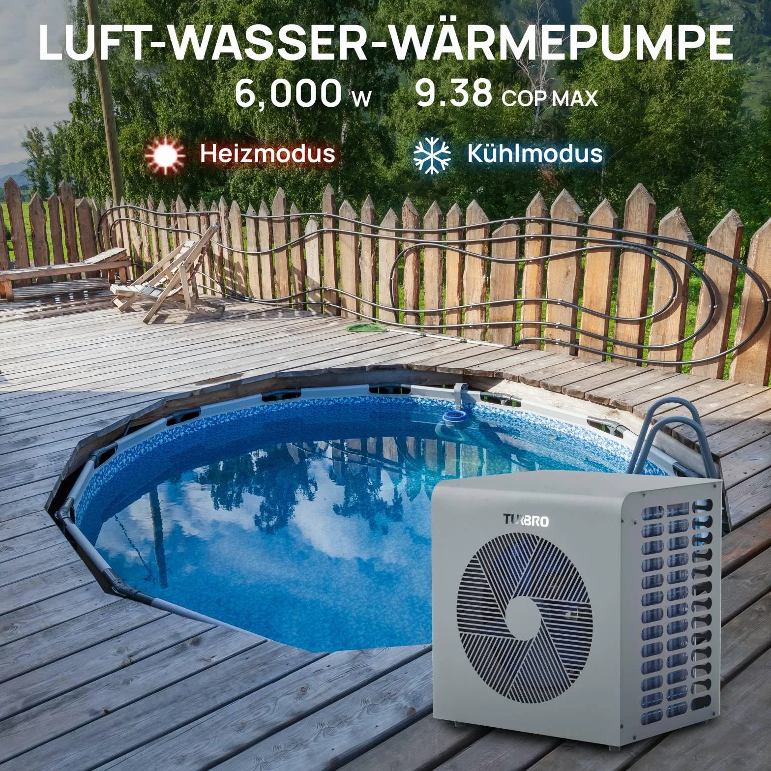 TURBRO 6.000W Full-Inverter Wärmepumpe für Schwimmbecken, Elektrischer Poolheizer für Übererdpools und Spas bis 20 m³, Titan-Wärmetauscher, Bis zu 9,38 COP, IPX4 Wassergeschützt, 220-240V, Beluga B21V