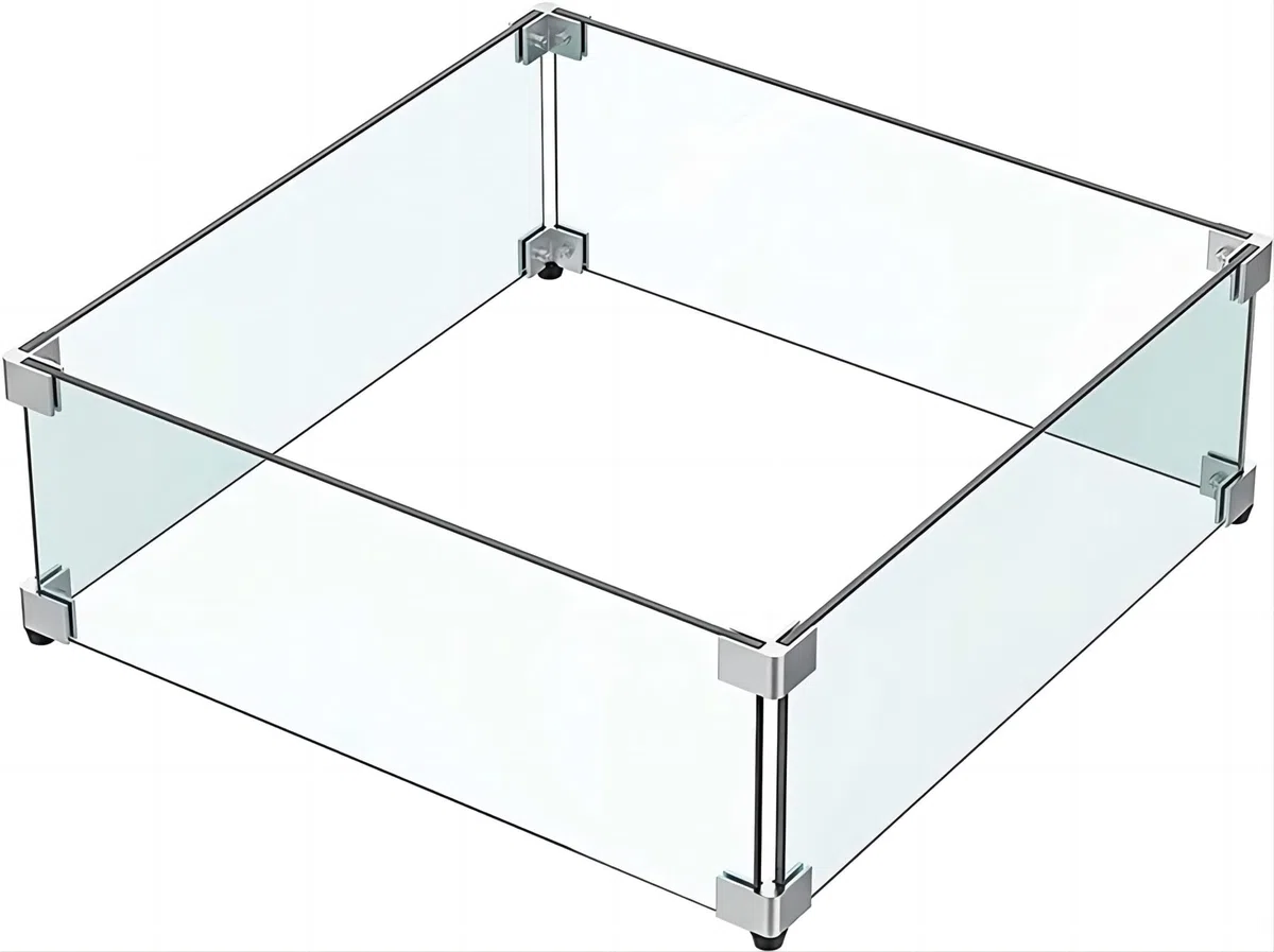 MESIDA 38 x 38 x 15 cm Feuerstelle, Glas-Windschutz, gehärtetes Glas, Feuerstelle, Tischschild, dick und stabil, mit Harter Aluminium-Eckhalterung und Gummifüßen