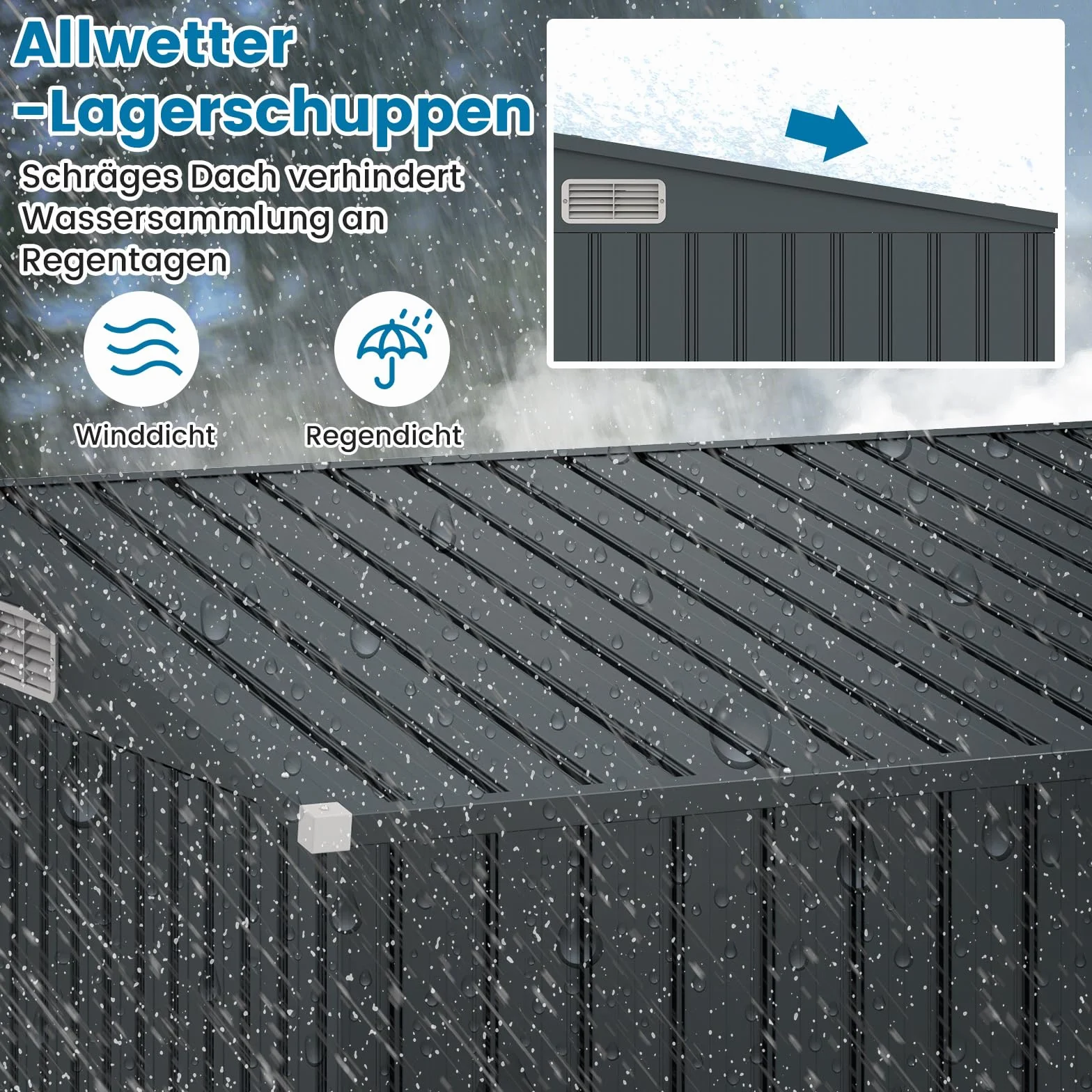 COSTWAY Gartenhaus Metall, 235 x 117 x 185 cm, Gerätehaus mit Vordertür & Seitentür & Pultdach, Geräteschuppen abschließbar, Gartenhütte Gartenschuppen, Garten Schuppen Outdoor (Dunkelgrau)