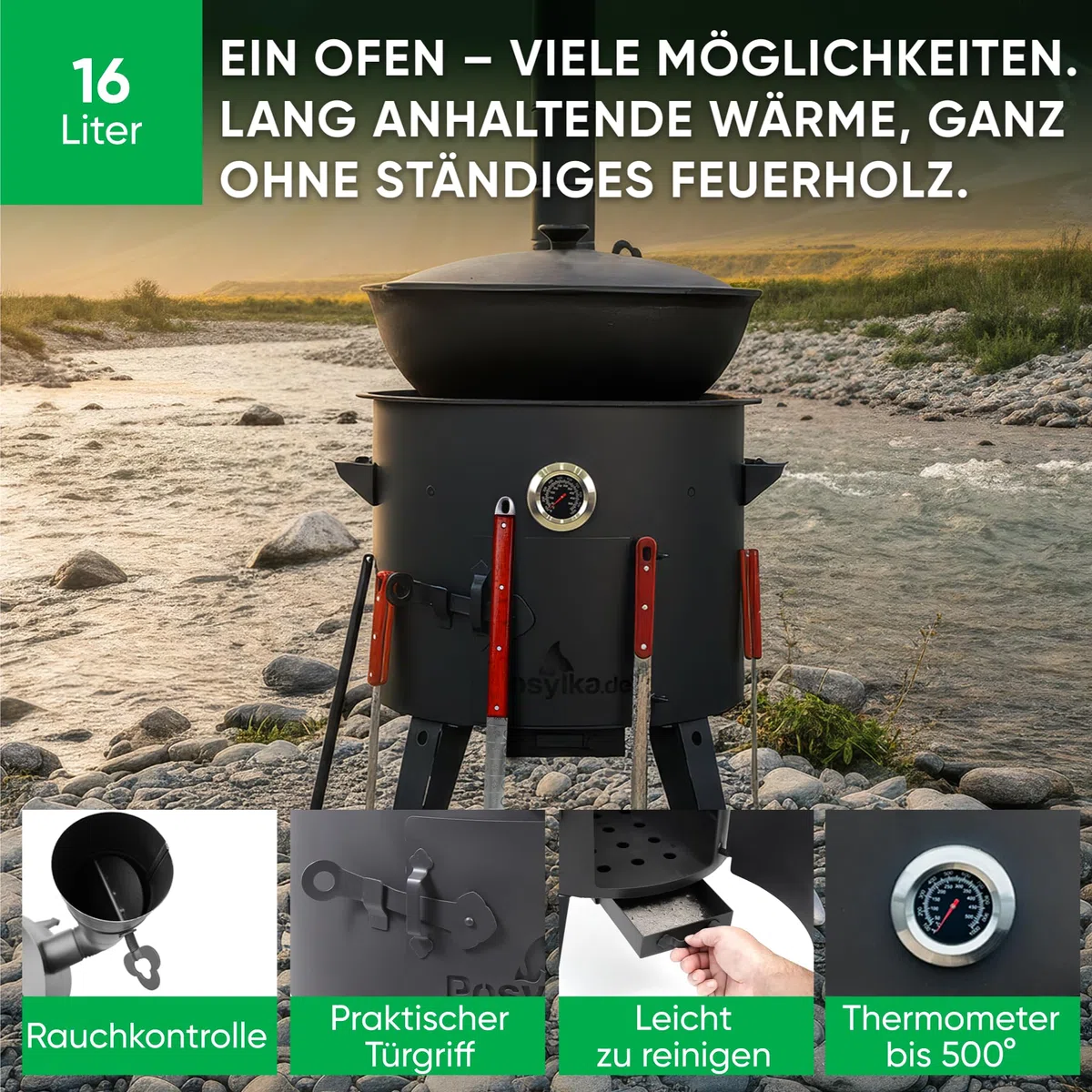 Feuerofen Ø 44cm Herdplatte Ø48 cm Kazan Ø 46,5 cm (16 L) runder Boden Thermometer Schornsteinverlängerung 2Schaumlöffel Schopfkelle 48 cm Schaumlöffel 64 cm (Set - 572)