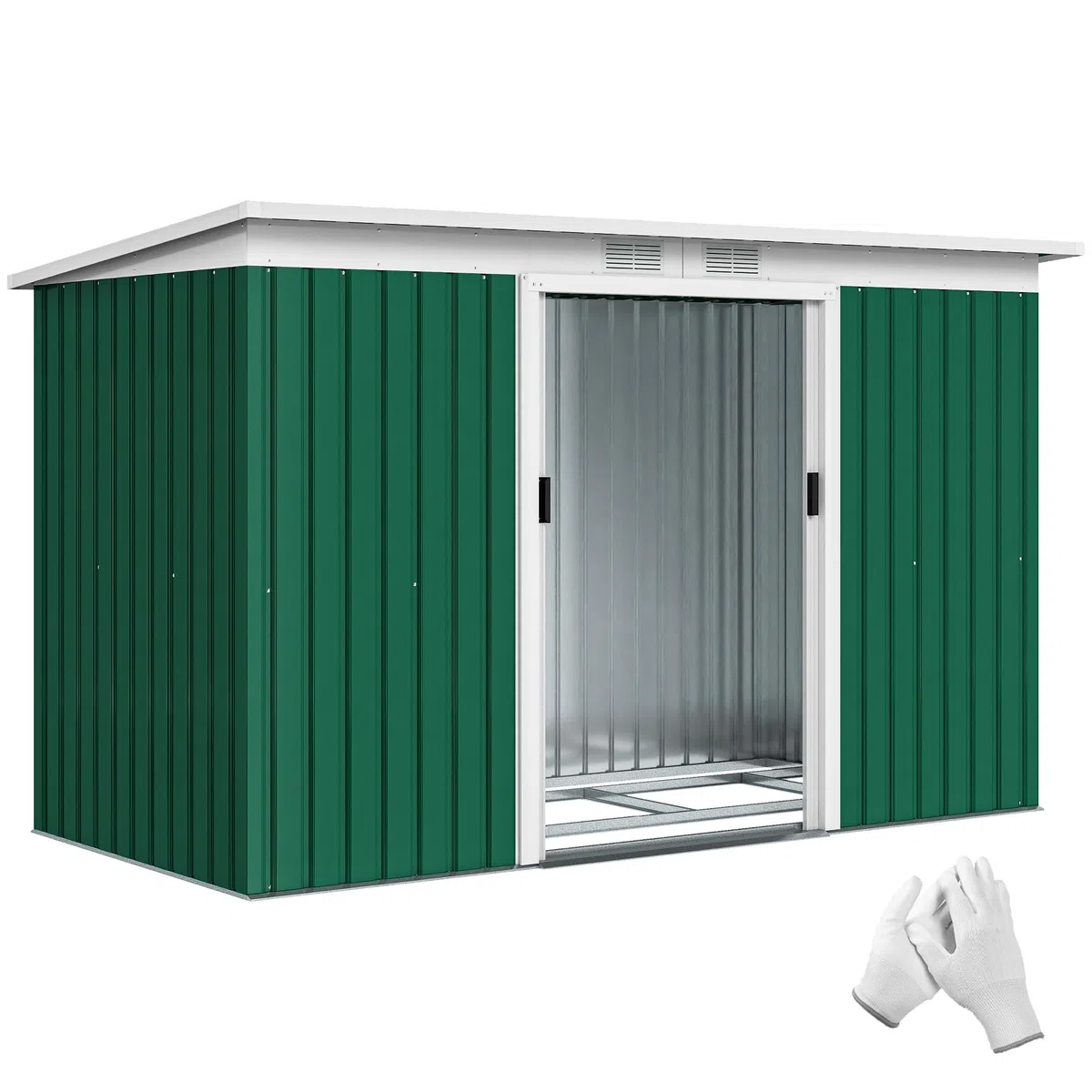 Outsunny Metall Gerätehaus 6,3m³ 280x130x172cm Geräteschuppen mit Pultdach Schiebetür wetterfest Gartenhaus Outdoor Garten Schuppen Schrank für Hinterhof Außenbereich Anthrazit, Dunkelgrün