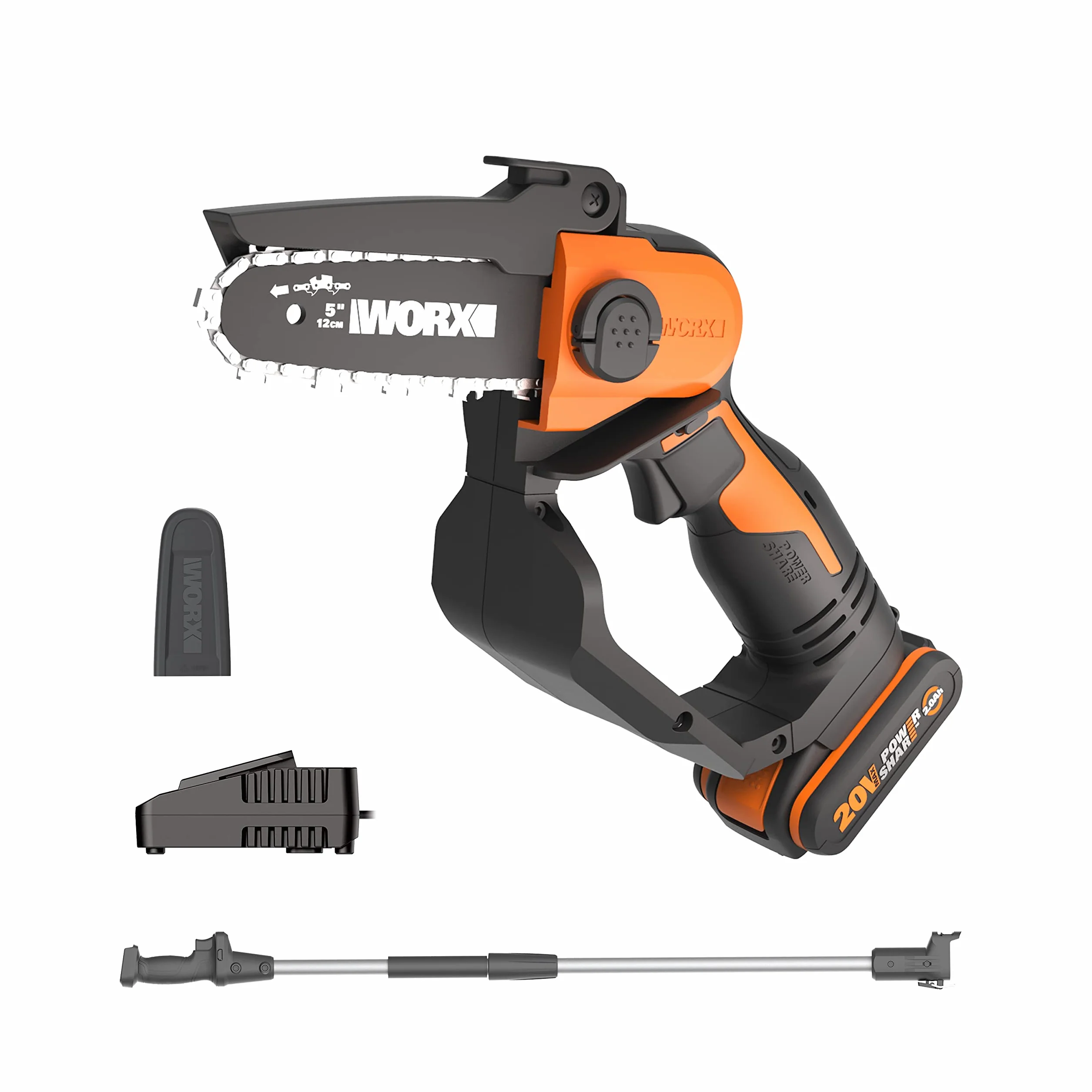 WORX Akku Mini Kettensäge 18V(MAX 20V) WG324E.1, PowerShare, 12 cm Führungsschiene, vibrationsarm, leicht und tragbar, Verlängerungsstange, 1 Akku und 1 Ladegerät im Lieferumfang enthalten