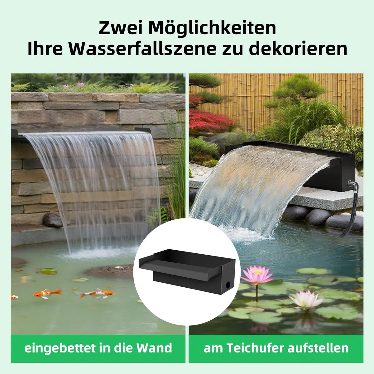 Schwarze Edelstahl Teich Wasserfall Spillway Pool Brunnen Wasser Feature, 45W 3000L/H with Pumpe, Teichüberlauf mit Pumpe und Wellrohr mit Filtermedien, für Terrasse Wasserwand