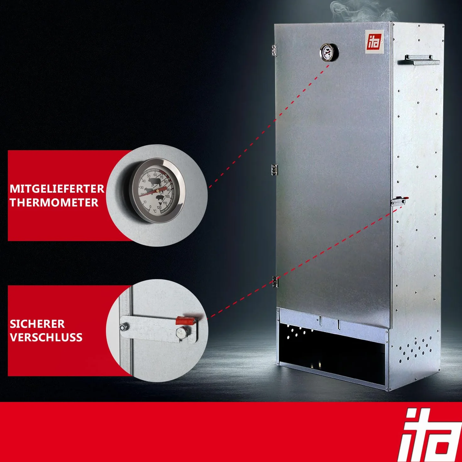 ITA Elektrischer Räucherofen 7003 - Smoker Set mit Heizung, Rauchgenerator - XL Räucherschrank mit Thermometer - Legierter Stahl - EU Qualität, Direkt vom Hersteller - 111 cm mit 4 Etagen