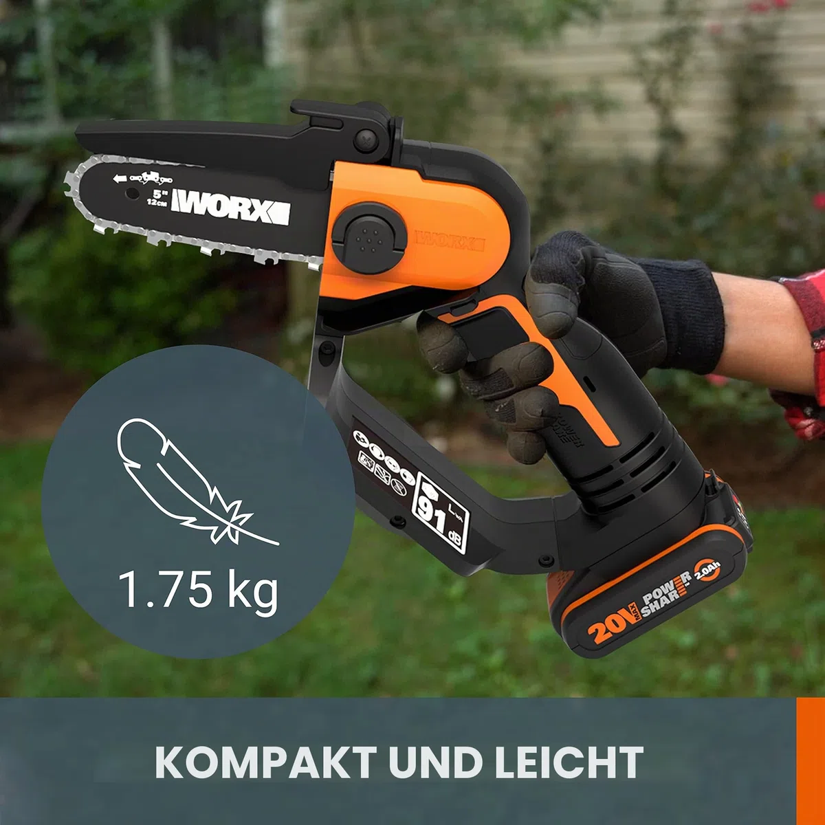 WORX Akku Mini Kettensäge 18V(MAX 20V) WG324E.1, PowerShare, 12 cm Führungsschiene, vibrationsarm, leicht und tragbar, Verlängerungsstange, 1 Akku und 1 Ladegerät im Lieferumfang enthalten