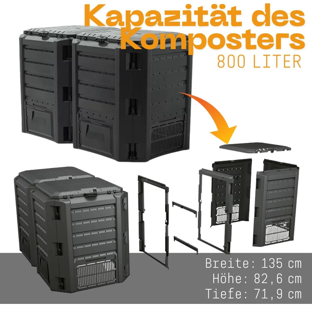 FORTENA Modul-Komposter 800L oder 1200L Schwarz Schnellkomposter Gartenkomposter Wettersicher (800L)