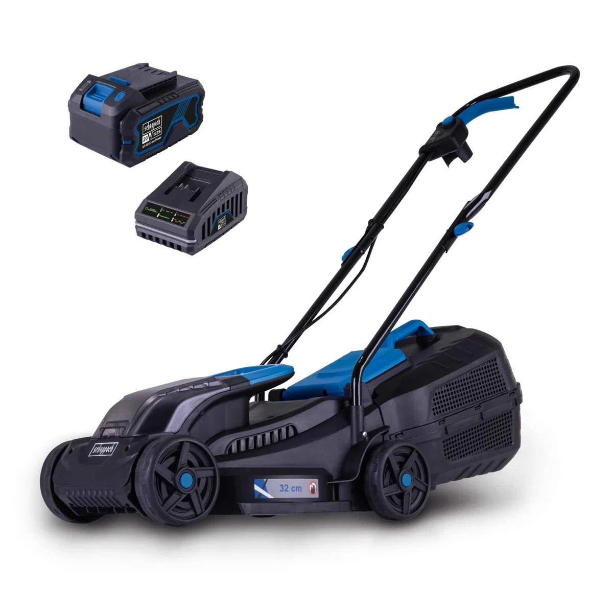 Scheppach Akku Rasenmäher BC-MP320-X | 32cm Schnittbreite | für 250-300m² | 30L Korb | Schnitthöhe 20-60mm mit Kanteneinzug | Brushless | 20V-IXES-Serie | 10 Jahre Garantie | mit 4Ah Akku & Ladegerät