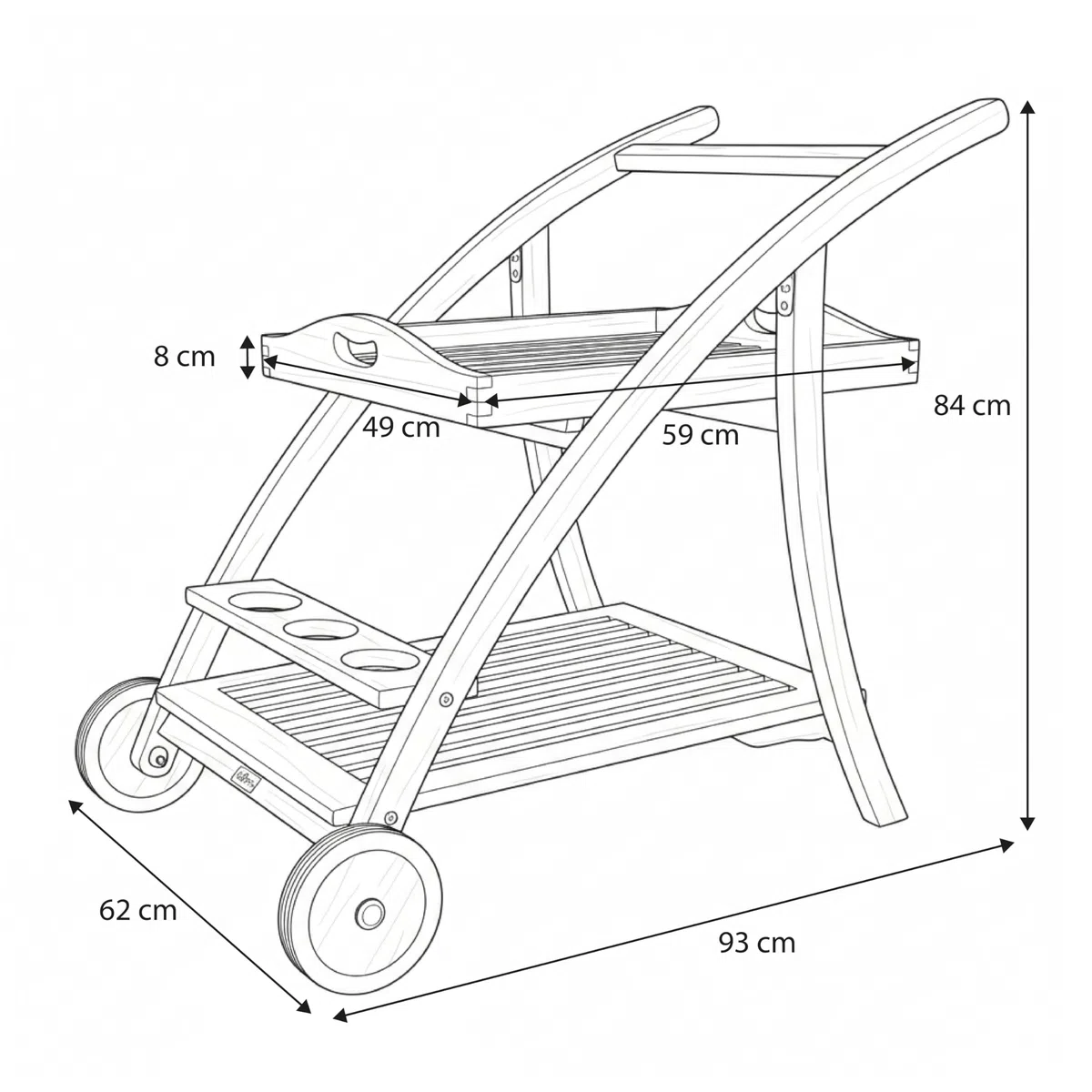 AXI Adi Servierwagen aus Teak Holz mit abnehmbarem Tablett & Flaschenhalter | Küchenwagen mit Rollen für Garten, Balkon, Terrasse | Rollwagen für Outdoor/Küche aus Teakholz | 93 x 62 x 84 cm
