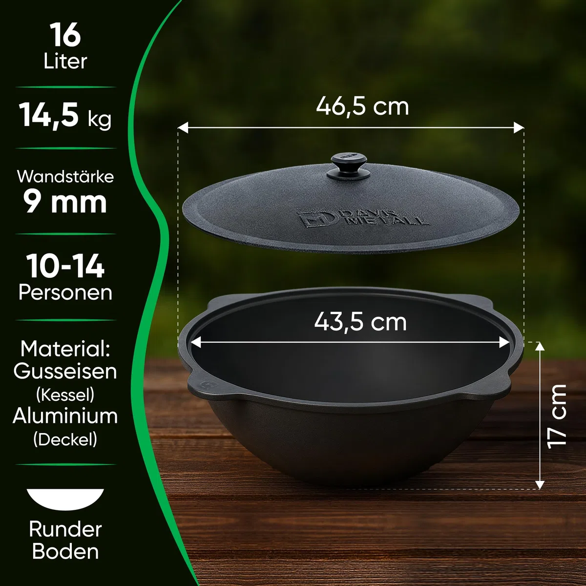Feuerofen Ø 44cm Herdplatte Ø48 cm Kazan Ø 46,5 cm (16 L) runder Boden Thermometer Schornsteinverlängerung 2Schaumlöffel Schopfkelle 48 cm Schaumlöffel 64 cm (Set - 572)
