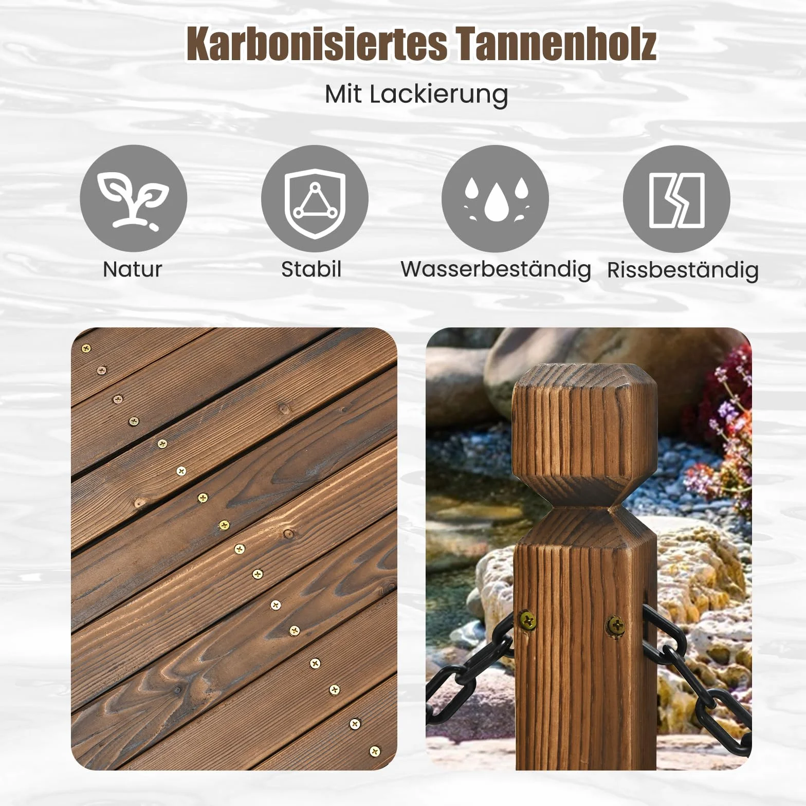 GOPLUS Holzbrücke aus Fichtenholz, 150 x 67cm x 55cm Teichbrücke bis 180 kg belastbar, Gartenbrücke mit Geländer & Ketten, Brücke für Garten Park Hinterhof