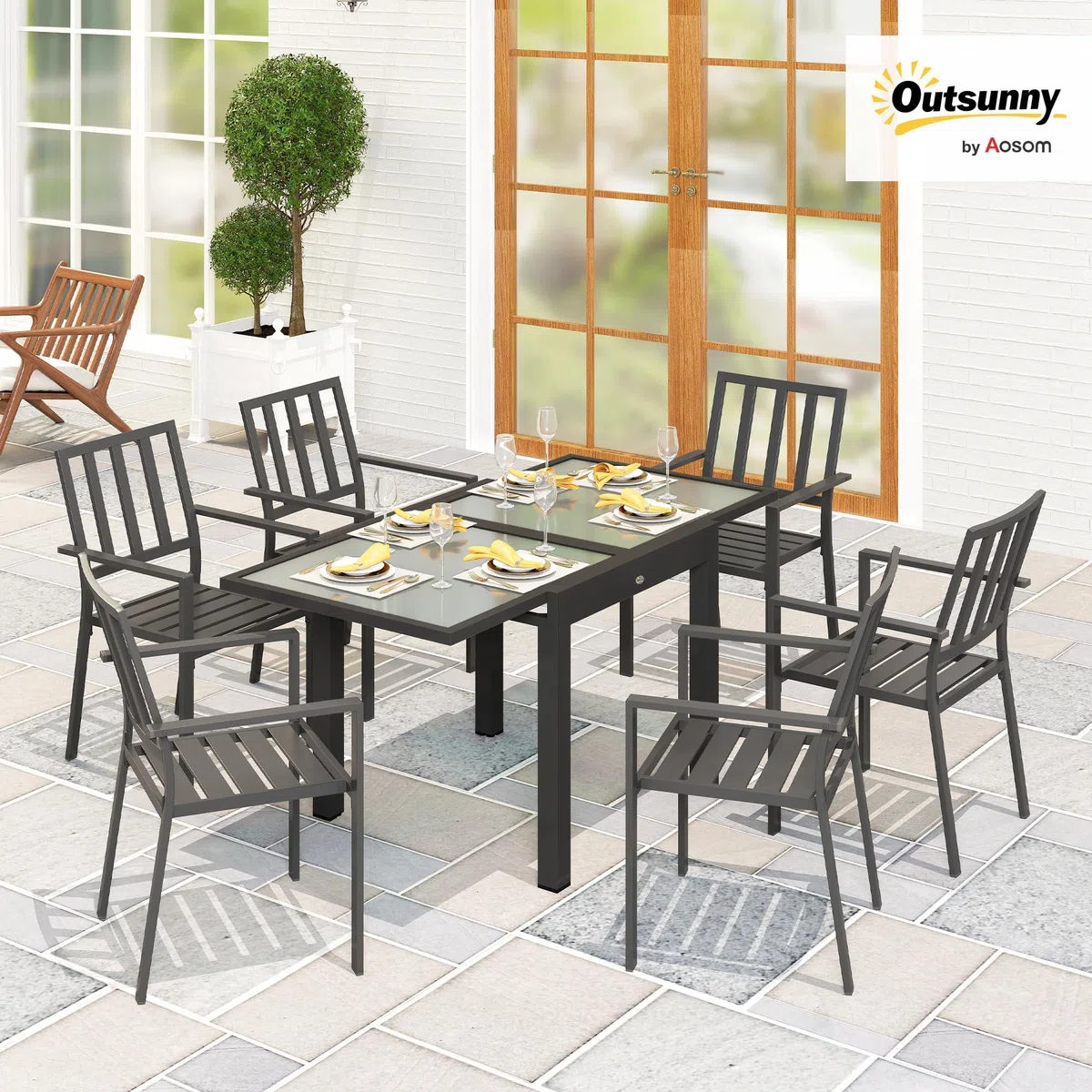 Outsunny Gartentisch, Balkontisch mit Klappbarer Tischplatte, Terrassentisch mit Glas Tischplatte, Esstisch für Garten, 160 x 80 x 75 cm Transparent