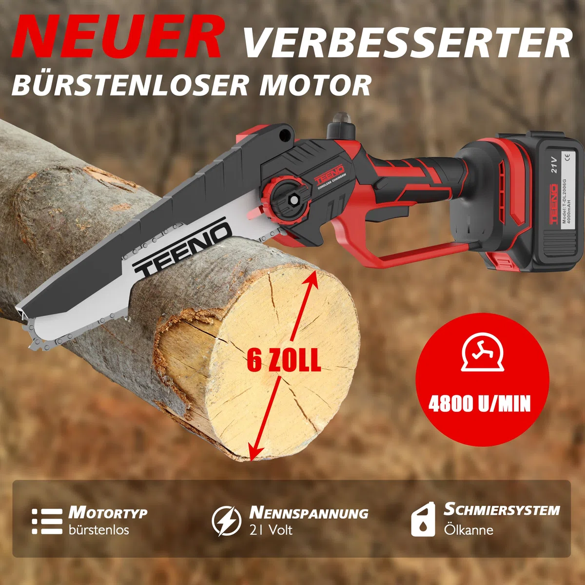 TEENO Hochentaster, Elektrische Kettensäge, 2 in 1, Elektrischer Teleskop-Kettensäge, Teleskopstange, 6 Zoll, 2 * 4000 mAH Akku