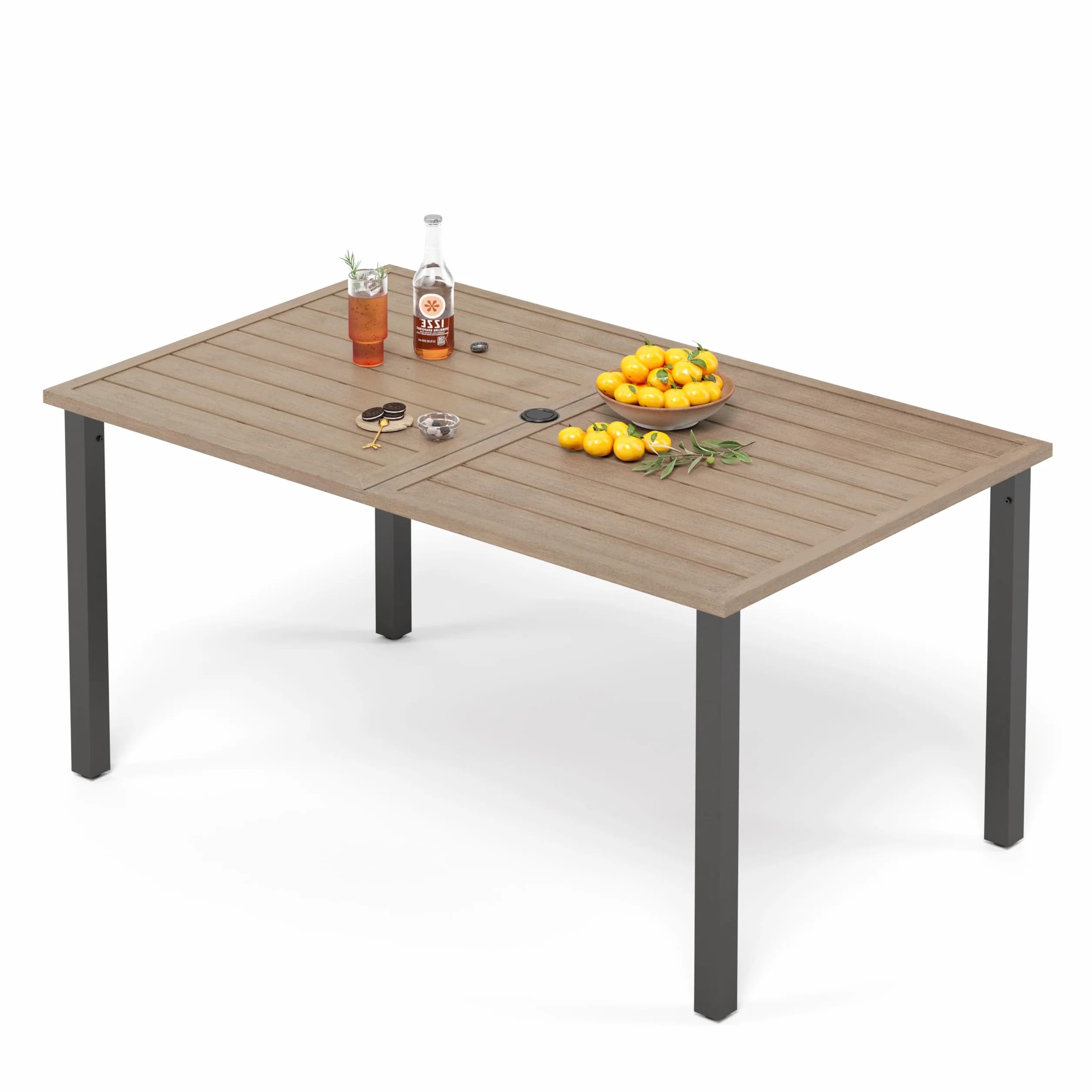 PHI VILLA Gartentisch mit Schirmloch Terrassentisch Gartentische Wetterfester 152x92x73cm Rechteckiger Outdoor Tisch mit Holzähnlicher Metall Tischplatte 4cm Schirmloch für Terrasse Bistro Garten