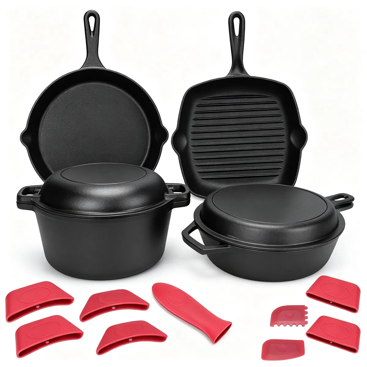 GFTIME Gusseisen Kochgeschirr Set 6-teilig mit 5 QT Dutch Oven & Deckel, 3,2 QT Schmortopf mit 1,6 QT Pfannen-Deckel, 28 cm Grillpfanne, 30,5 cm Bratpfanne, für Herd, Backofen, Grill & Camping