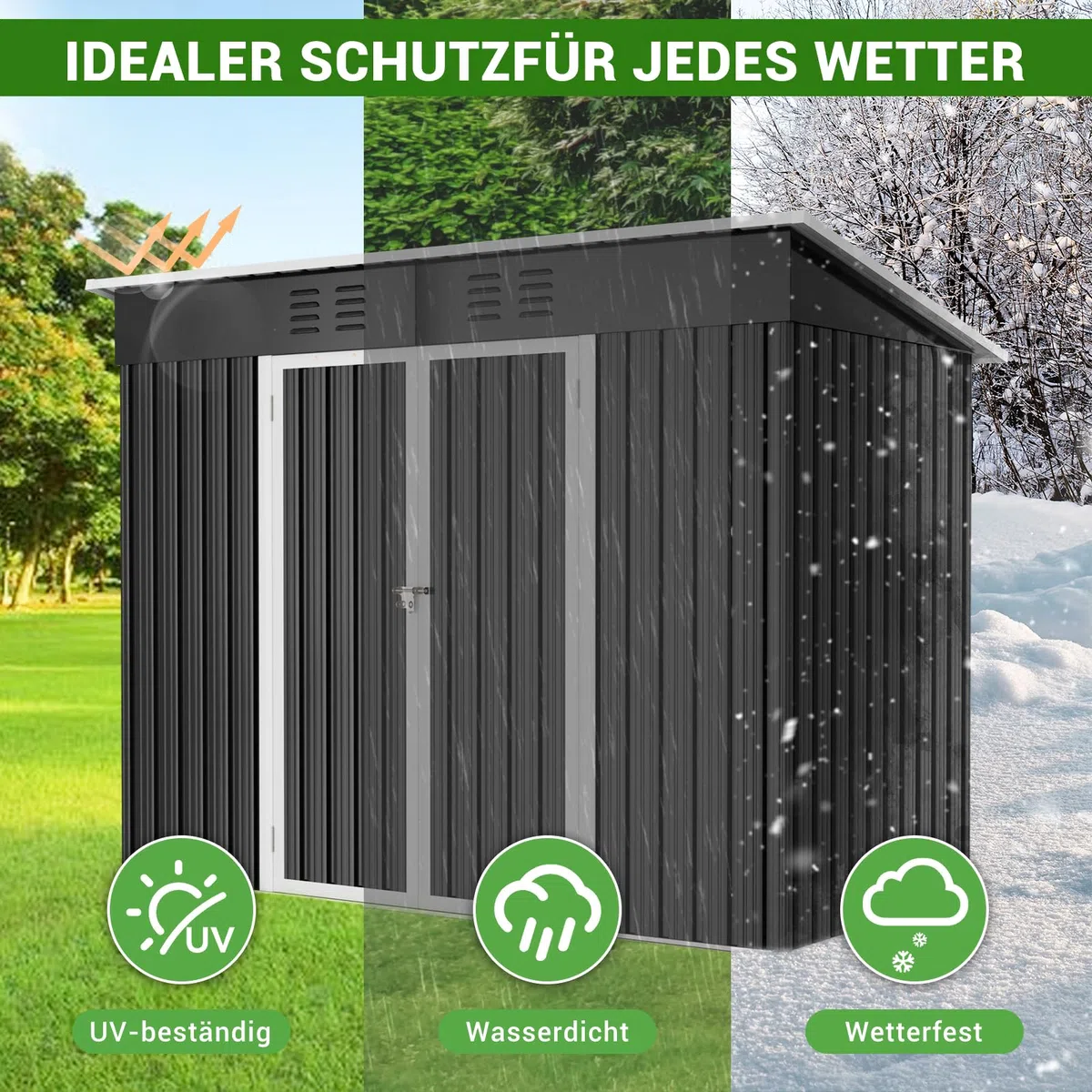 Amopatio Gerätehaus, Gartenhaus mit Pultdach, Geräteschuppen 228x109x182 cm (BxTxH), Gartenhaus Metall mit Tür, Verzinkte Gartenhülle Metall-Schuppen mit Fundamentrahmen, Schwarz