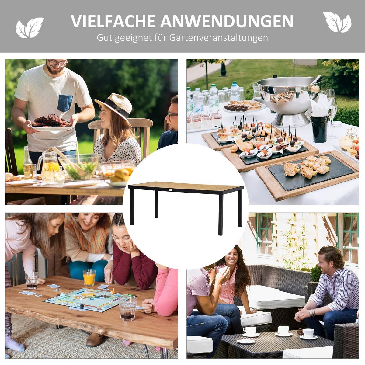 Outsunny Gartentisch für 6 Personen Esstisch Aluminiumtisch Gartenmöbel Loungemöbel pflegeleicht Kunststoff Natur+Schwarz 190 x 90 x 74 cm