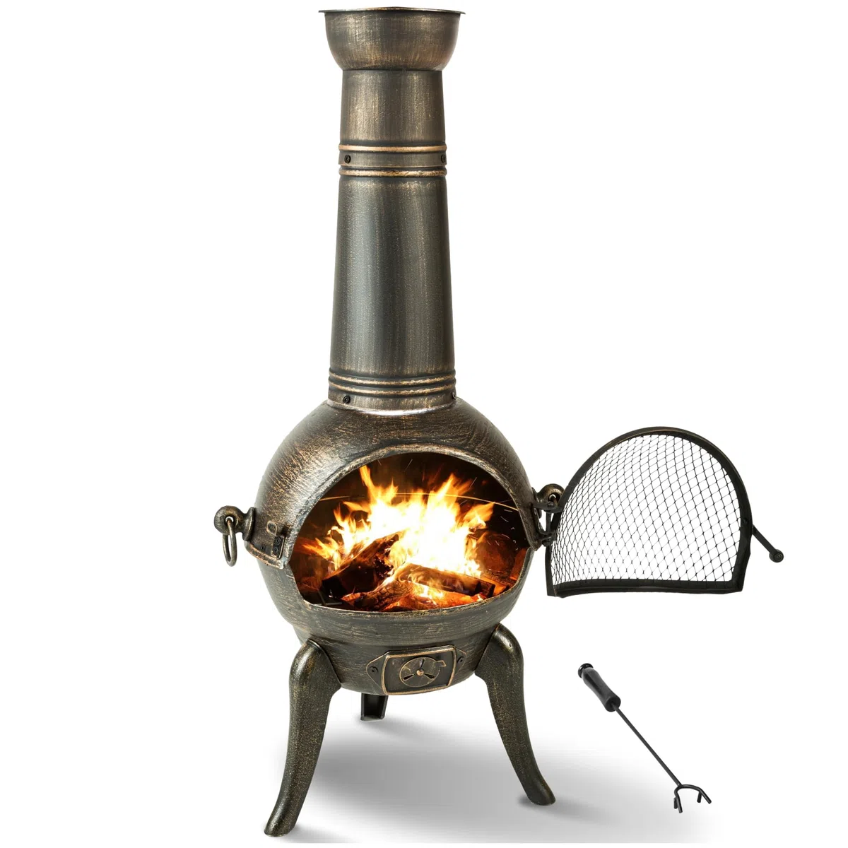 tectake® Vintage Outdoor Terrassenofen, Gartenofen aus Gusseisen, Raketenofen, Aztekenofen mit Funkenschutz, Grill Rost und Schürhaken, Gartendeko Kamin, Deko für Terrassen oder Balkon, Kaminofen