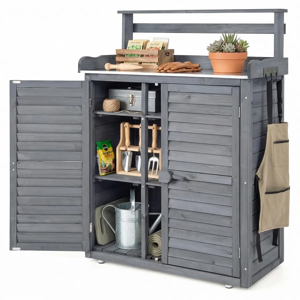 RELAX4LIFE Pflanztisch Outdoor, Gartentisch Holz mit Unterschrank, Verzinkter Arbeitsplatte, Abnehmbaren Regalen & Haken, Arbeitstisch wetterfest für Garten, Hof, Terrasse, 87 x 45 x 120 cm, Grau