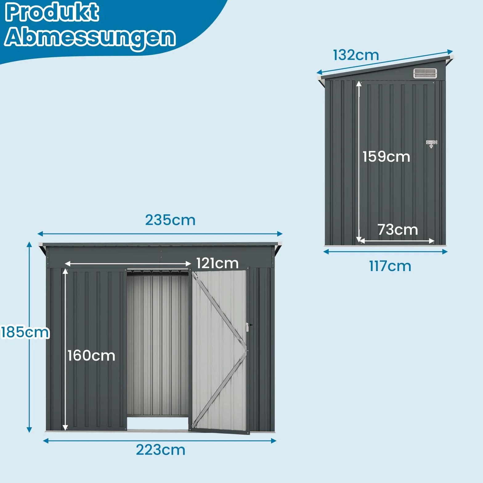 COSTWAY Gartenhaus Metall, 235 x 117 x 185 cm, Gerätehaus mit Vordertür & Seitentür & Pultdach, Geräteschuppen abschließbar, Gartenhütte Gartenschuppen, Garten Schuppen Outdoor (Dunkelgrau)