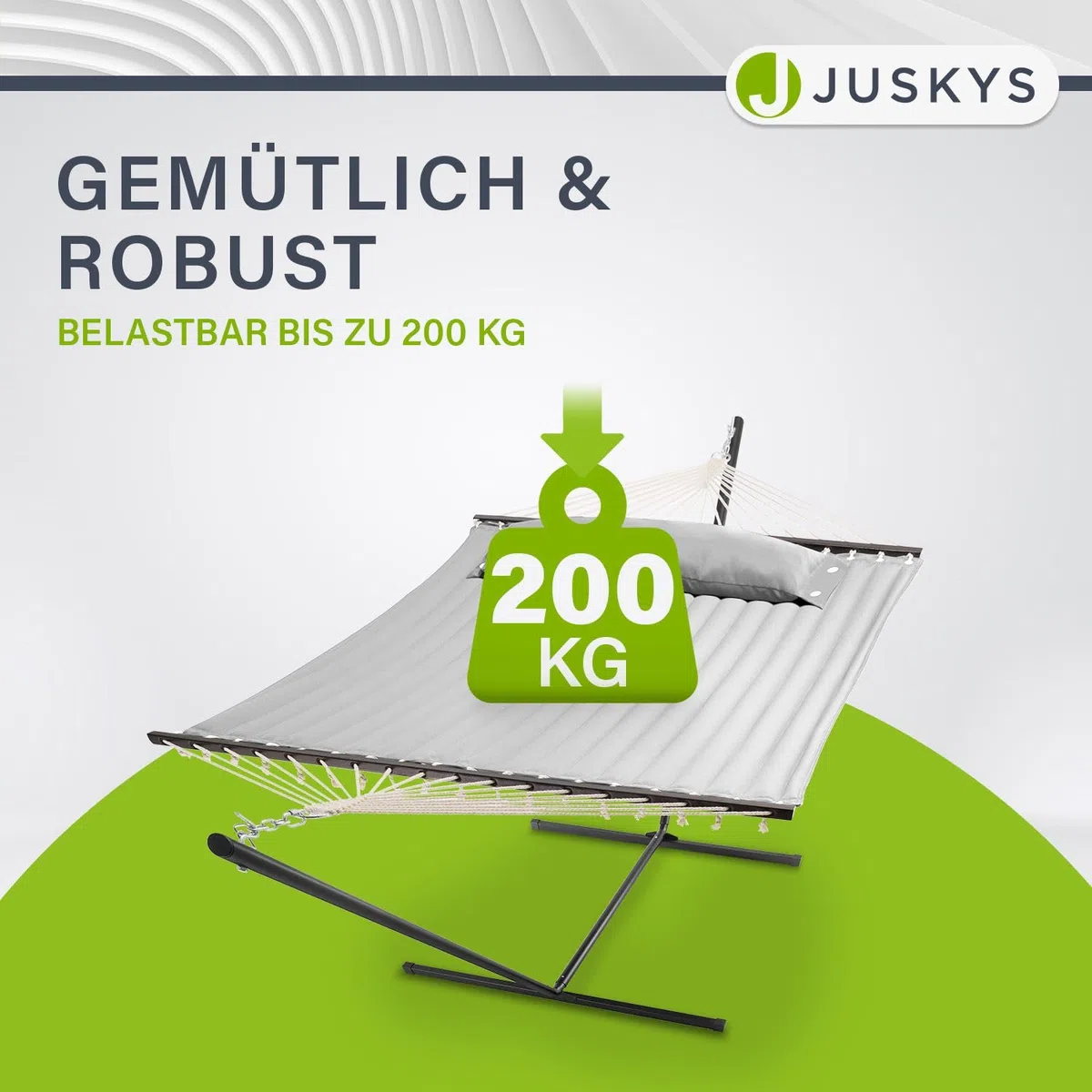 Juskys Hängematte Cata mit Gestell und Kissen - Outdoor Doppelhängematte für 2 Personen - doppel Hängemattengestell bis 200kg belastbar - Hellgrau