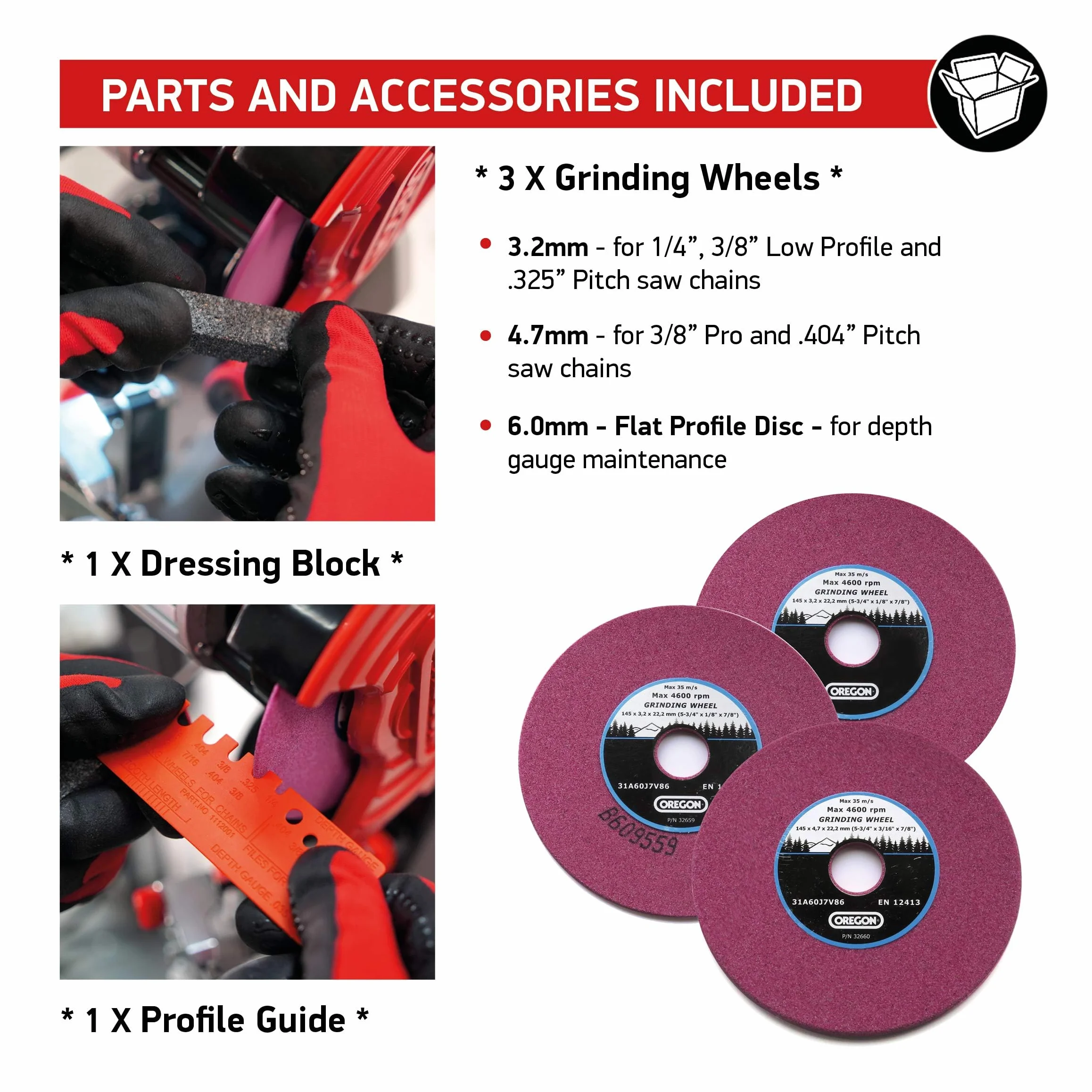 Oregon professionelle 230V Tisch-/Wand Sägeketten Schleifmaschine , für alle Sägeketten von Oregon, Stihl, Husqvarna und mehr, Kettensäge Schärfen - grau/schwarz/rot (410-230)