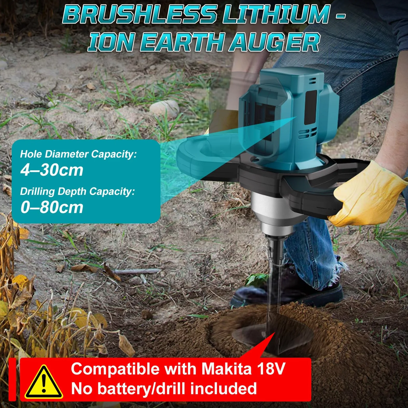 Akku Erdbohrer Kompatibel mit Makita 18V, 1200W Bürstenloser Motor Erdlochbohrer Professional Pfahlbohrer, für Zaunbau, Garten, Mörtelrührer (Ohne Batterie & Spiralkopf)