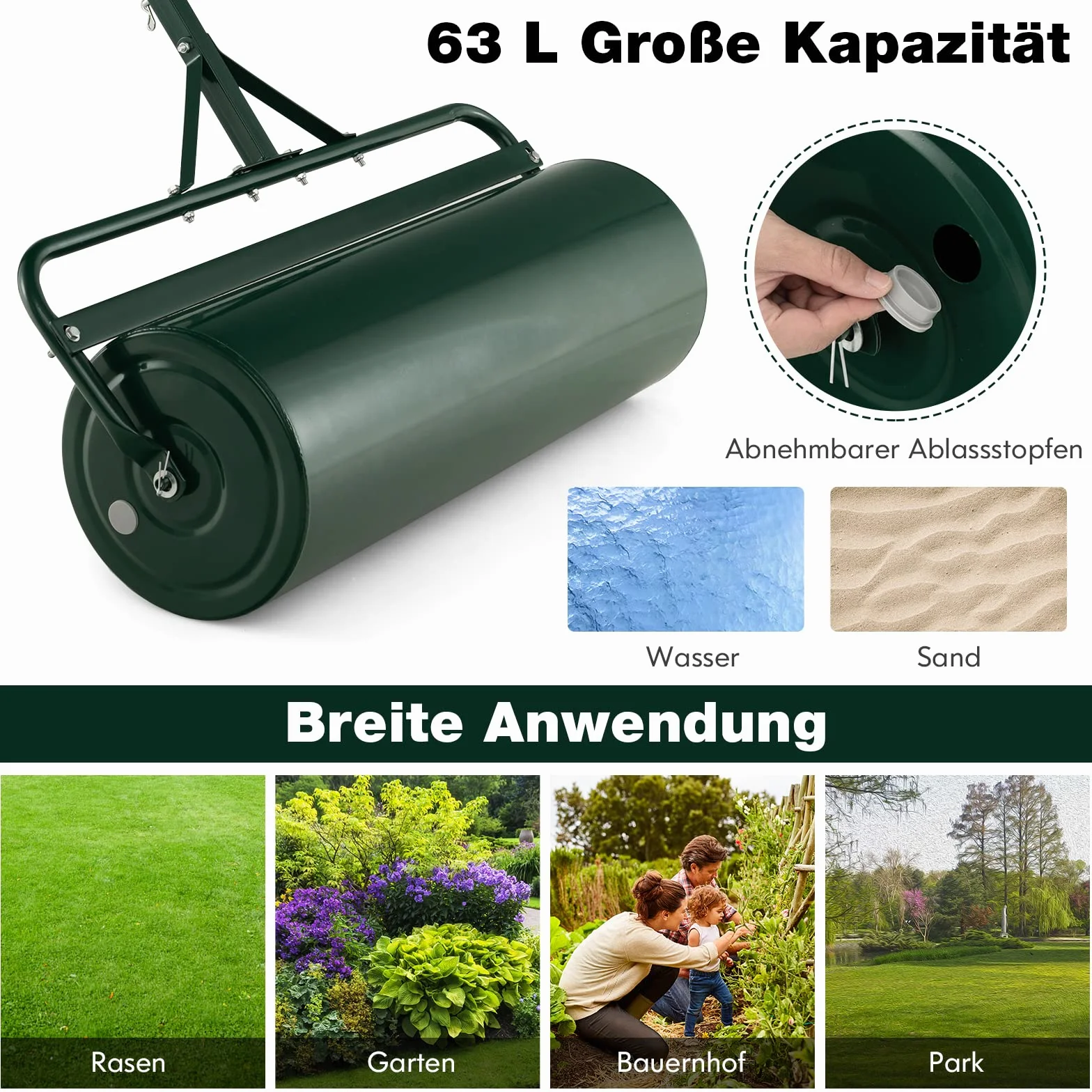 FANTASK Ø 30CM Rasenwalze Metall, Handwalze mit Griff 63 L, Schwerlasttrommel Graswalze befüllbar mit Wasser & Sand Gartenwalze, Trommel Rasenroller
