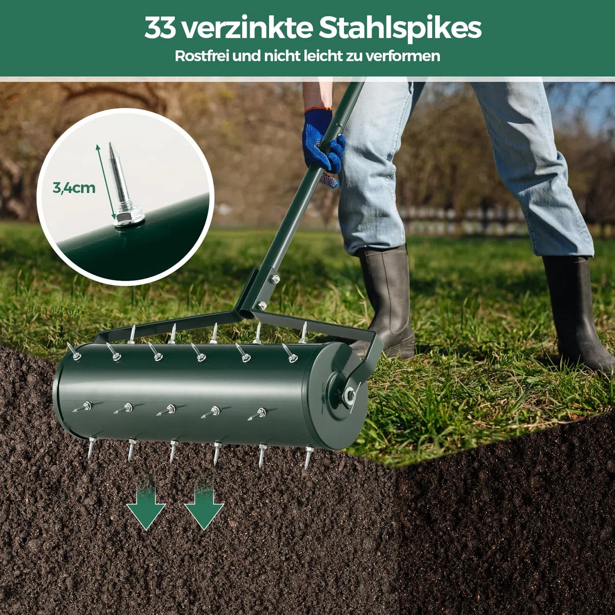 COSTWAY Rasenlüfter Walze manuell, 53 x 130 cm, Rasenrolle mit Stiel & Nägeln, Handvertikutierer rollend, Rasenbelüfter Gartenwalze, Vertikutierer Rasenwalze Garten Hof Rasen, Grün