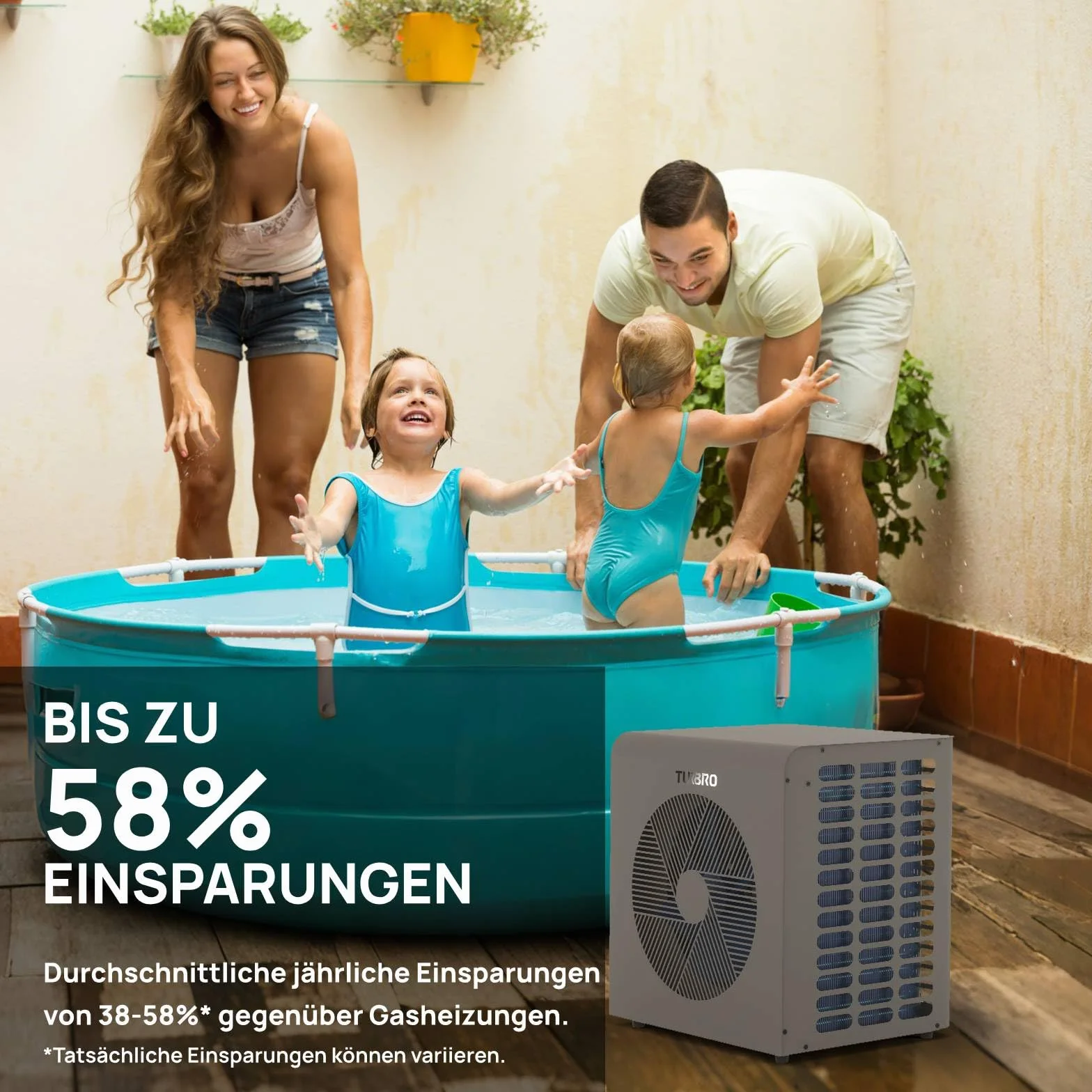 TURBRO 6.000W Full-Inverter Wärmepumpe für Schwimmbecken, Elektrischer Poolheizer für Übererdpools und Spas bis 20 m³, Titan-Wärmetauscher, Bis zu 9,38 COP, IPX4 Wassergeschützt, 220-240V, Beluga B21V