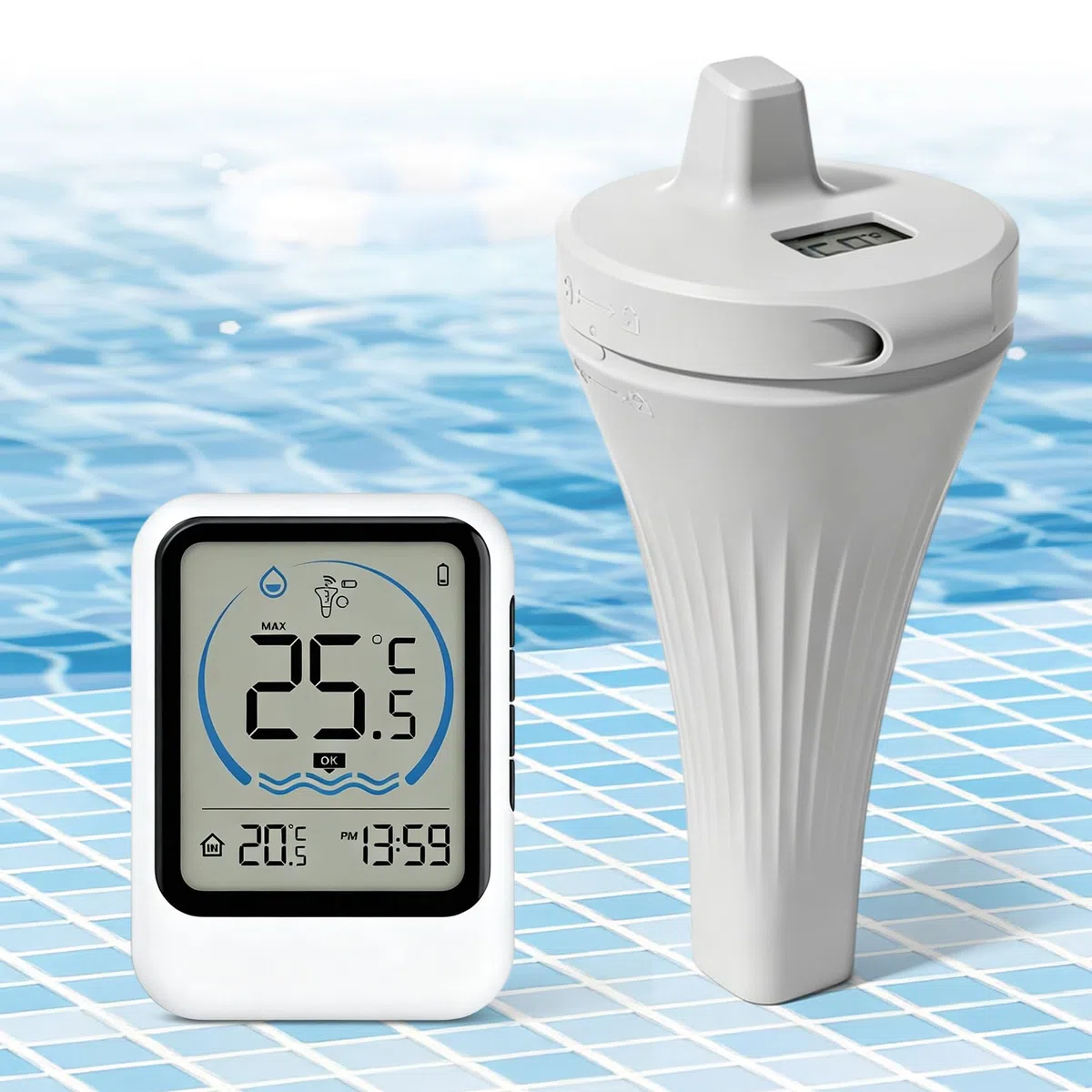 Poolthermometer Digital Funk, IP68 Wasserdichtes Schwimmendes Pool Thermometer mit LCD Display, Kabelloses Wasserthermometer für Pools, Aquarien, Teiche und Badewannen