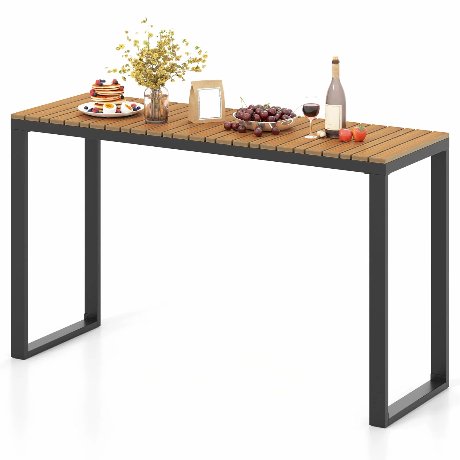 COSTWAY Gartentisch wetterfest, 129x42cm, Terrassentisch mit WPC-Tischplatte und Metallrahmen, rechteckiger Balkontisch, Outdoor-Esstisch für Balkon, Terrasse, Garten