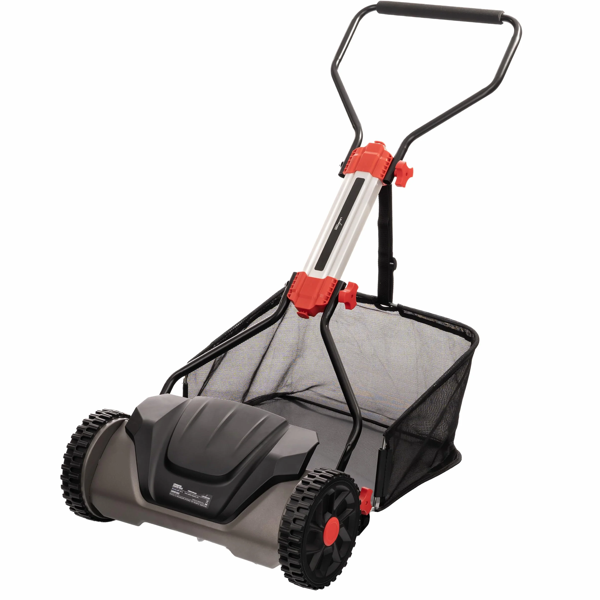 LEHMANN Spindelmäher 40 cm mit Fangkorb 30 L – Handrasenmäher ohne Strom, mechanischer Rasenmäher manuell mit 5 Messern, 6-Fach Schnitthöhenverstellung 15–42 mm, klappbarer Griff