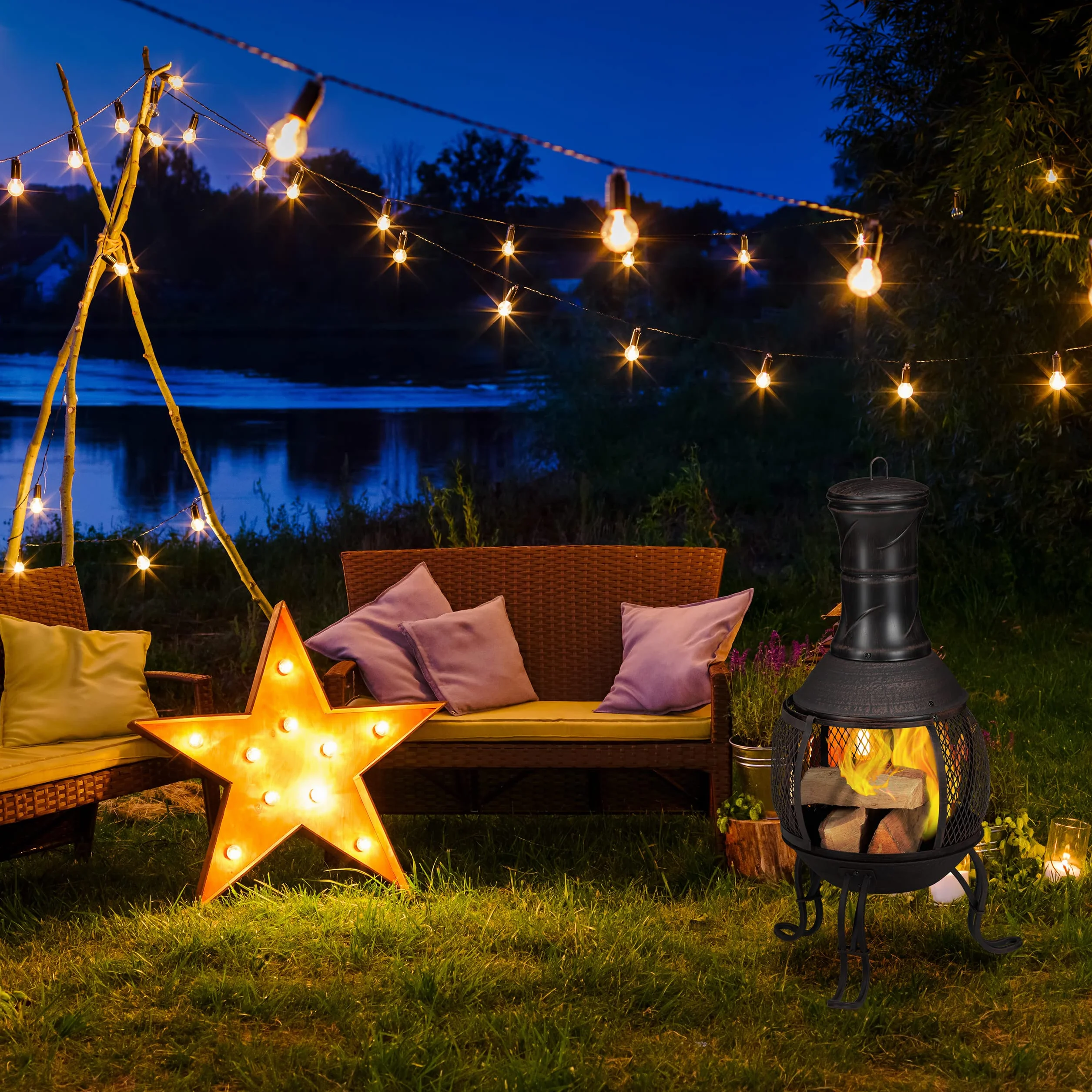 Relaxdays Terrassenofen, Stahl & Gusseisen, HxD: 88x36 cm, Gartenkamin Funkenschutz, Chiminea, Aztekenofen, schwarz/Gold