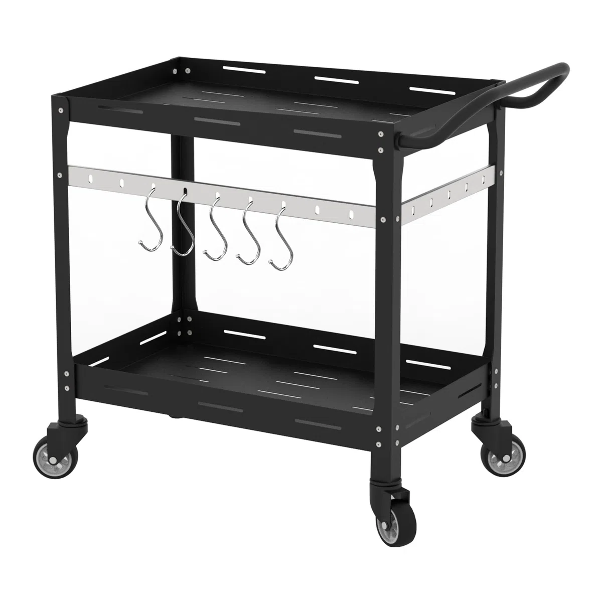 casa.pro Outdoor Servierwagen Bard Garten Rollwagen mit 2 Ablagen Stahl Indoor 72 x 77 x 38 cm Grillwagen mit 5 Haken Rollen mit Feststellbremsen Schwarz