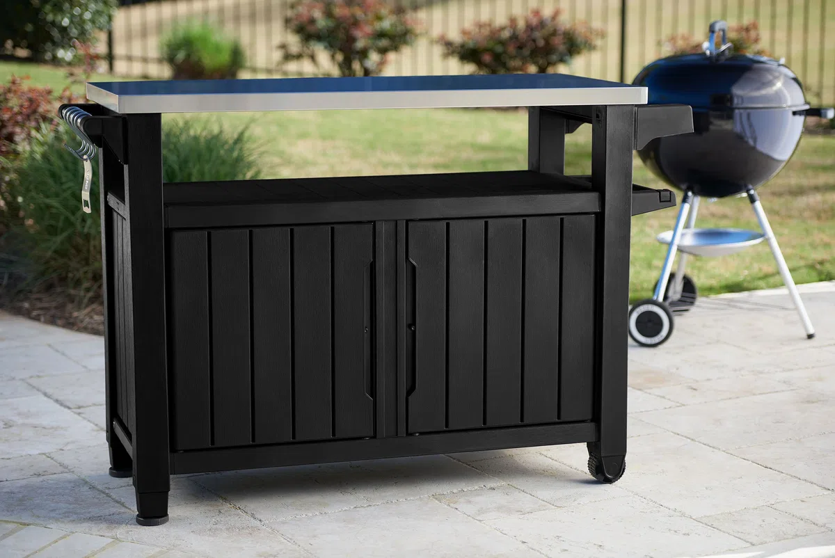 Koll Living Grilltisch/Beistelltisch XXL - Edelstahlplatte - Witterungsbeständig - Holzoptik - Modell 2024 - Nur bei Uns !