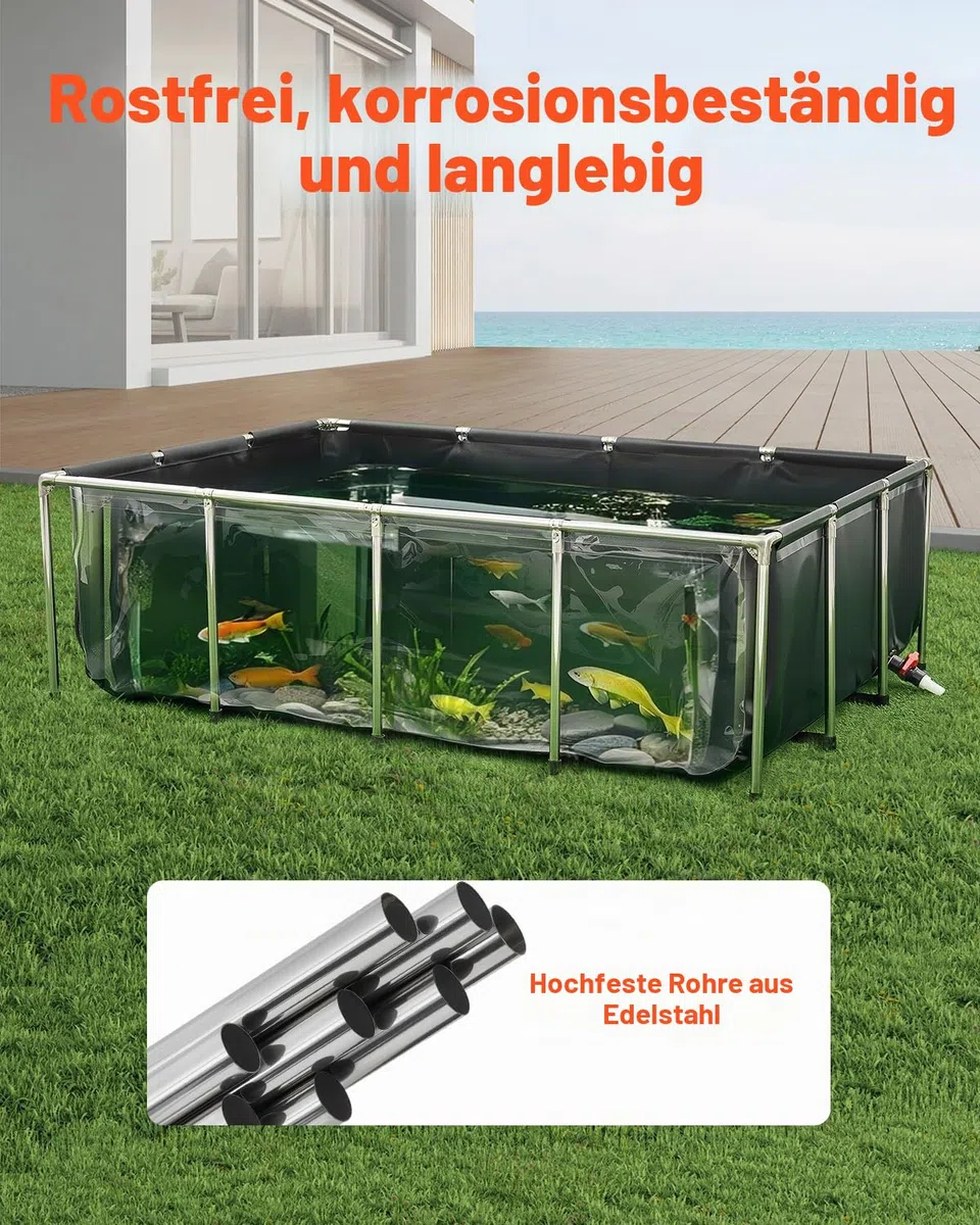 VEVOR Fischteich aus Segeltuch, 1781,3 L Fischtank, PVC-Koi-Tank mit transparentem Sichtfenster, Aquarium mit Edelstahlrahmen & Ablassventil, für Zucht von Koi, Goldfisch (schwarz)