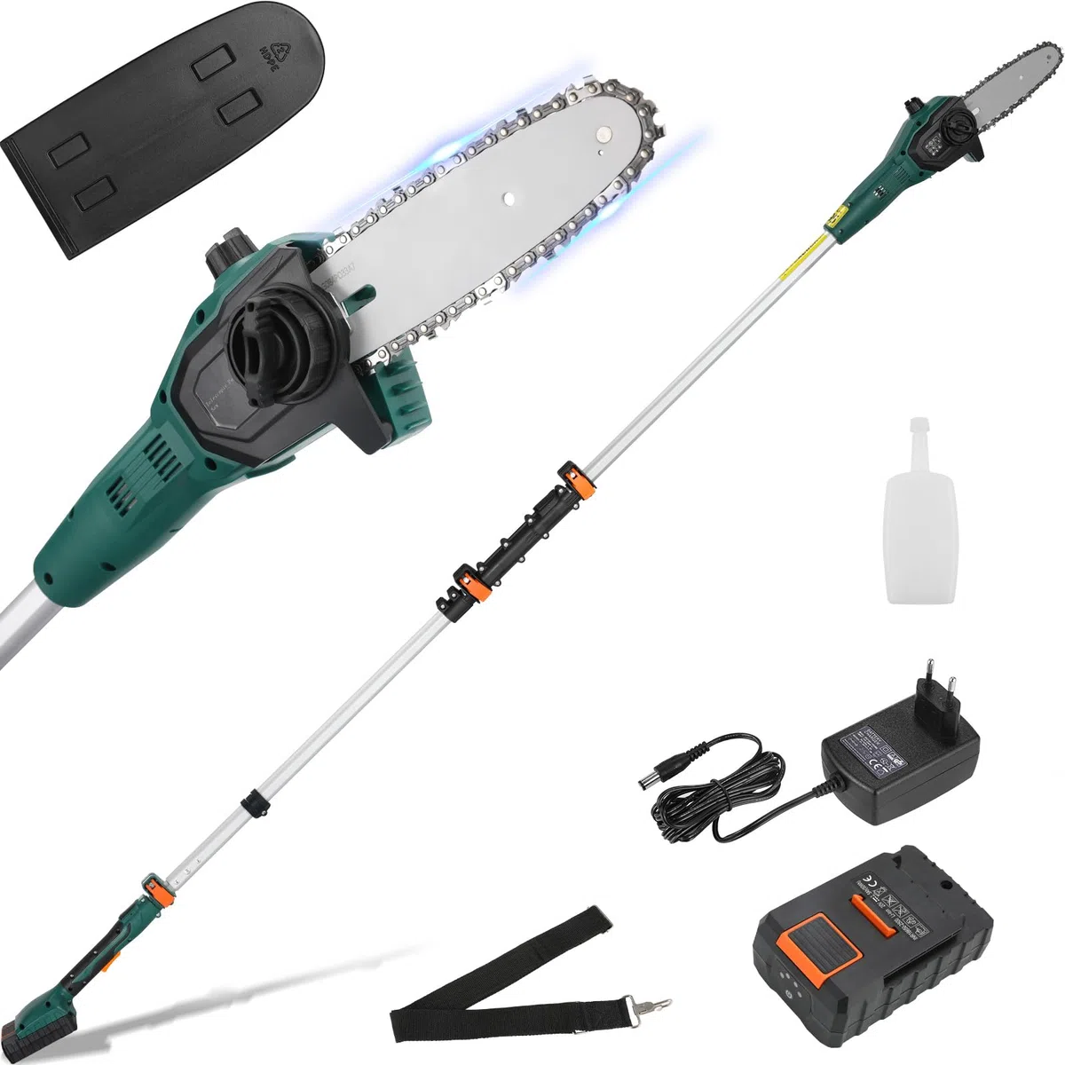 Hochentaster, Elektro Hochentaster, Elektro Teleskop Astsäge, mit 20V 2,5Ah Li-Ion Akku/Schnelles Ladegerät, 6 m/s Kettengeschwindigkeit, 24cm Schwertlänge, Aluminiumstange, Leicht