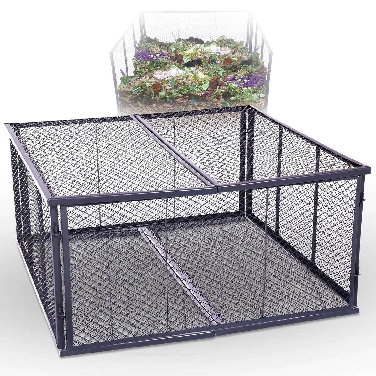 Novatool Garten-Komposter Metall 100x100x50 cm + Deckel und Boden, mit erweiterbarem Stecksytem, pulverbeschichteter Metallkomposter mit 500 Liter Volumen, Draht Kompost Kompostkiste Rasenkomposter