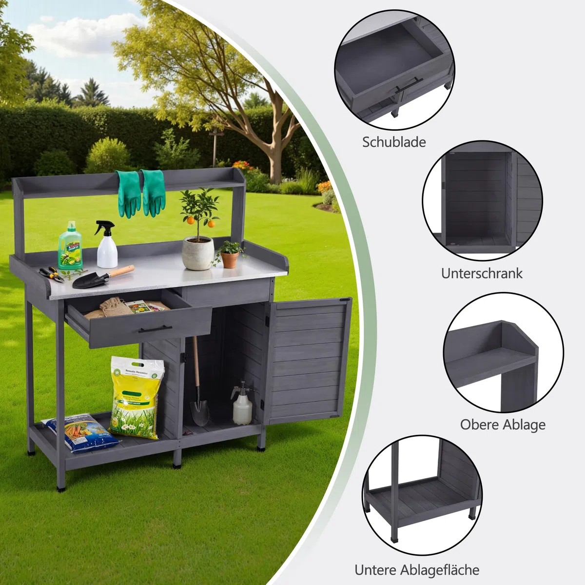 M MCombo Pflanztisch mit Schublade, Ablage, Verzinkter Arbeitsplatte & Schrank, Gärtnertisch Wetterfest mit 3 Haken, Blumentisch Massivholz für Garten, Balkon & Terrasse, 48 x112 x 126 cm, 0440 (Grau)