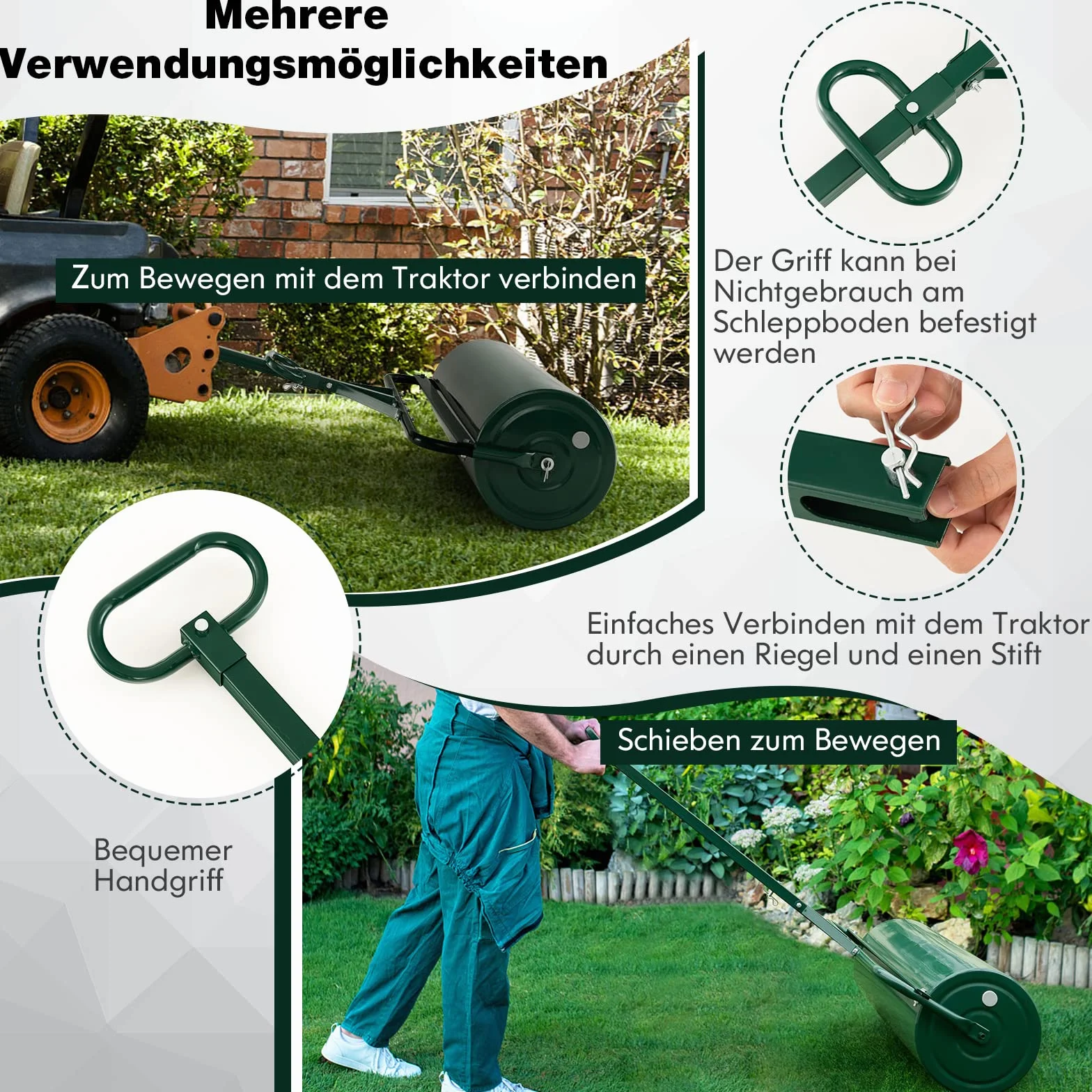 COSTWAY Rasenwalze befüllbar Wasser oder Sand, 63 L, Ø 30 cm x 99 cm, Bodenwalze mit Griff, Gartenwalze Metall, Handwalze Lawn Roller, Rasenrolle für Ebenen Rasen Garten, Grün