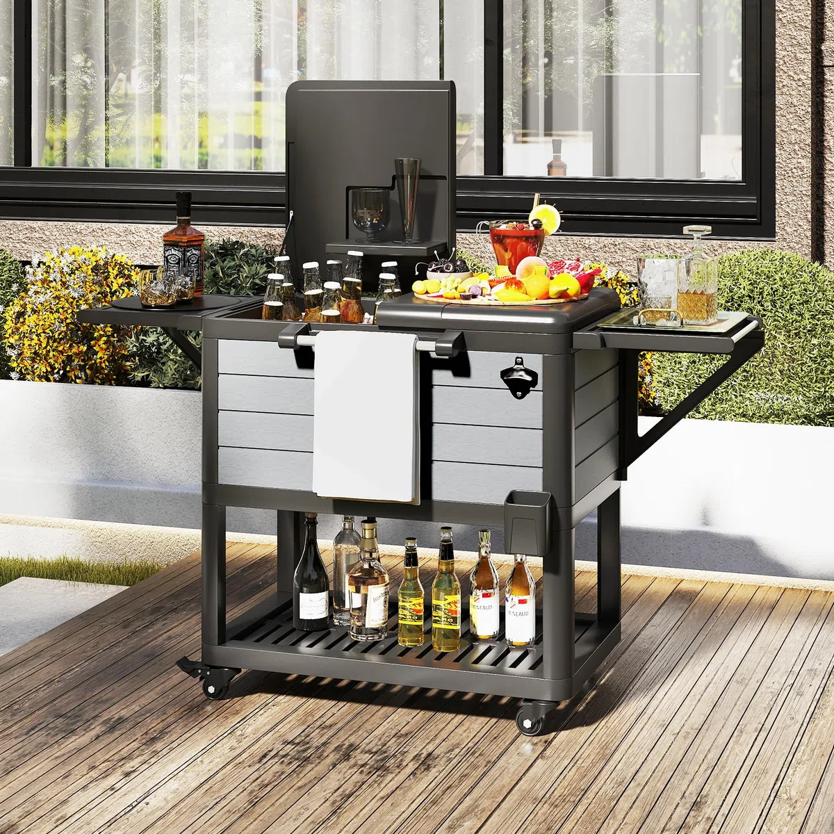 GOPLUS Kühlwagen, Servierwagen mit Rollen, Getränkekühler mit 2 Seitenablagen & Flaschenöffner, Kühlerbox mit großer Kapazität von 91 L, für Outdoor Terrassen Party, Grau