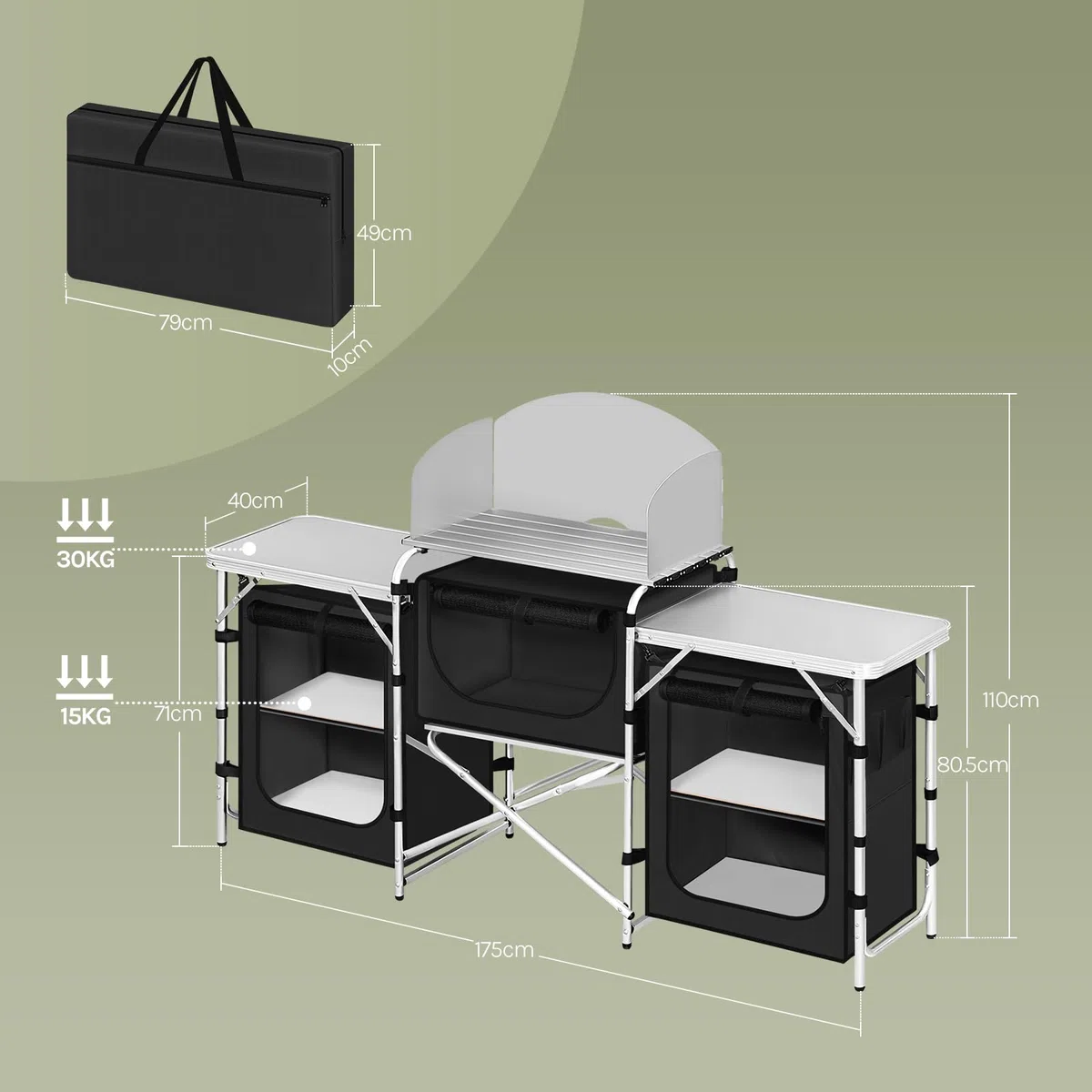 WOLTU Campingküche, Campingschrank faltbar, Outdoor Küche mit Arbeitsplatten Staufächern, Camping Tisch, Reiseküche, inkl. Tragtasche, Aluminium MDF, Schwarz