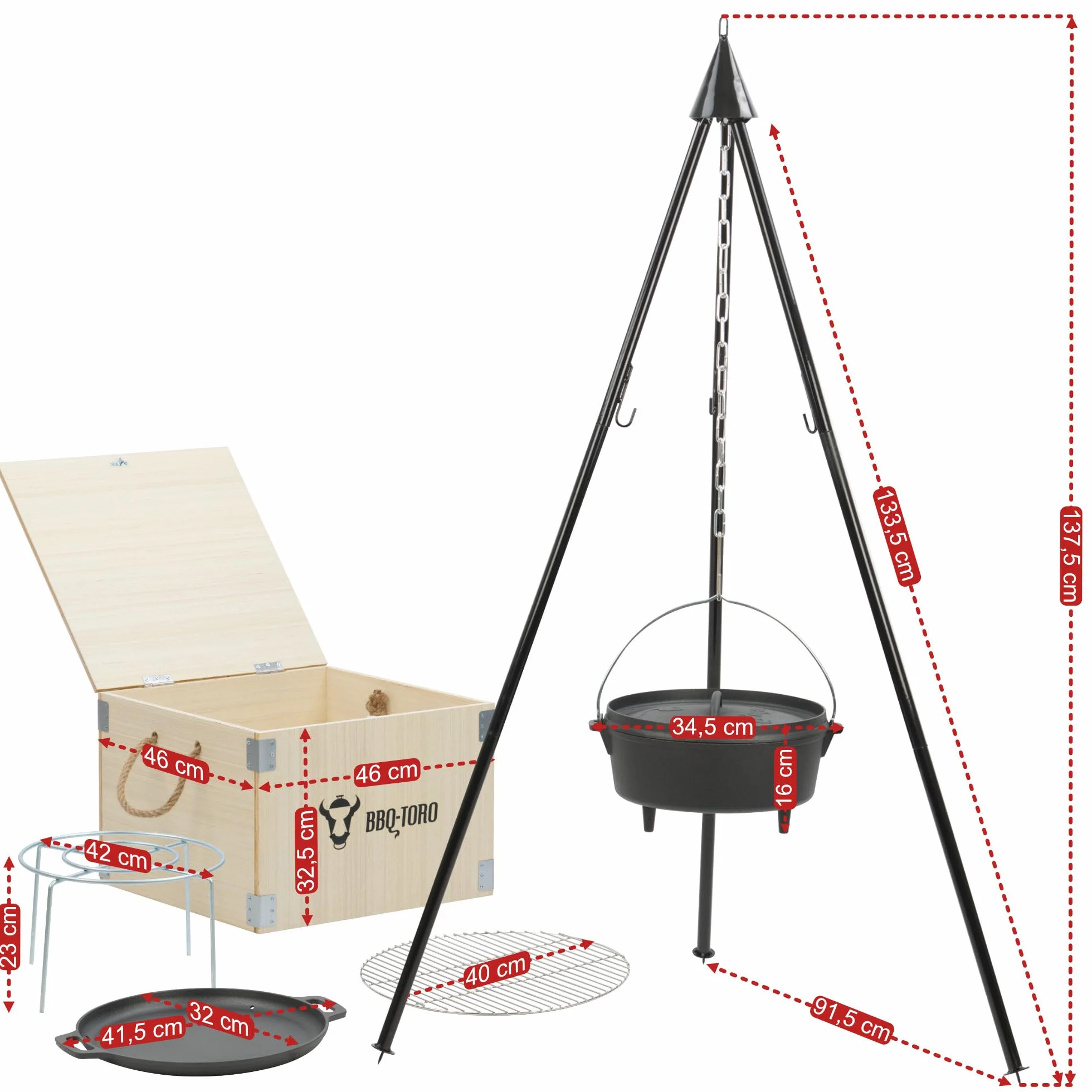 BBQ-Toro Dutch Oven Set 6-teilig mit Holzkiste | Schwarz | Rundes Gusseisen Kochgeschirr Set mit 6 QT, Pfanne, Grillrost, Untersetzer & Dreibein | Outdoor Kochset, Dreibein Kessel, Grillpfanne