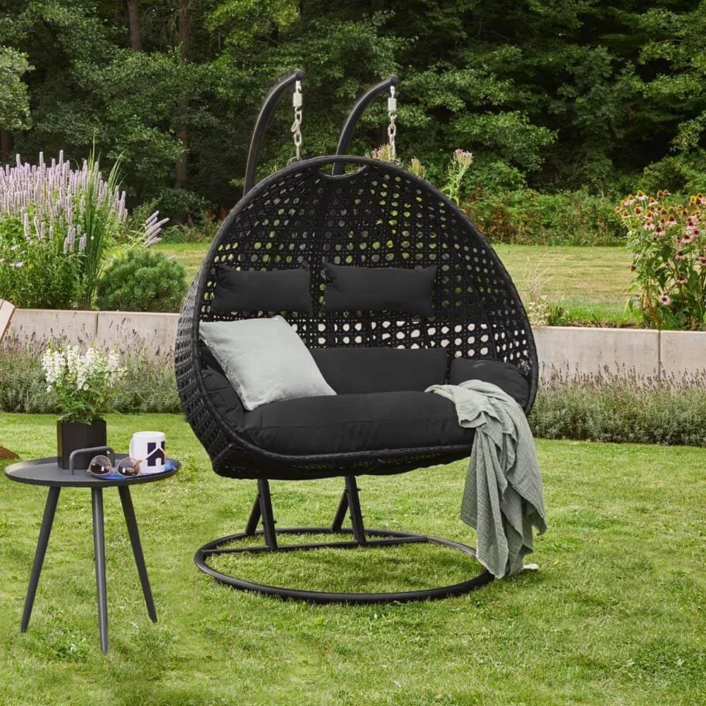 Home Deluxe Polyrattan Hängesessel Kissen Twin - Schwarz 105 x 41 x 45 cm inklusive Sitz-, und Rückenkissen, UV-beständig | Hängestul, Hängesitz