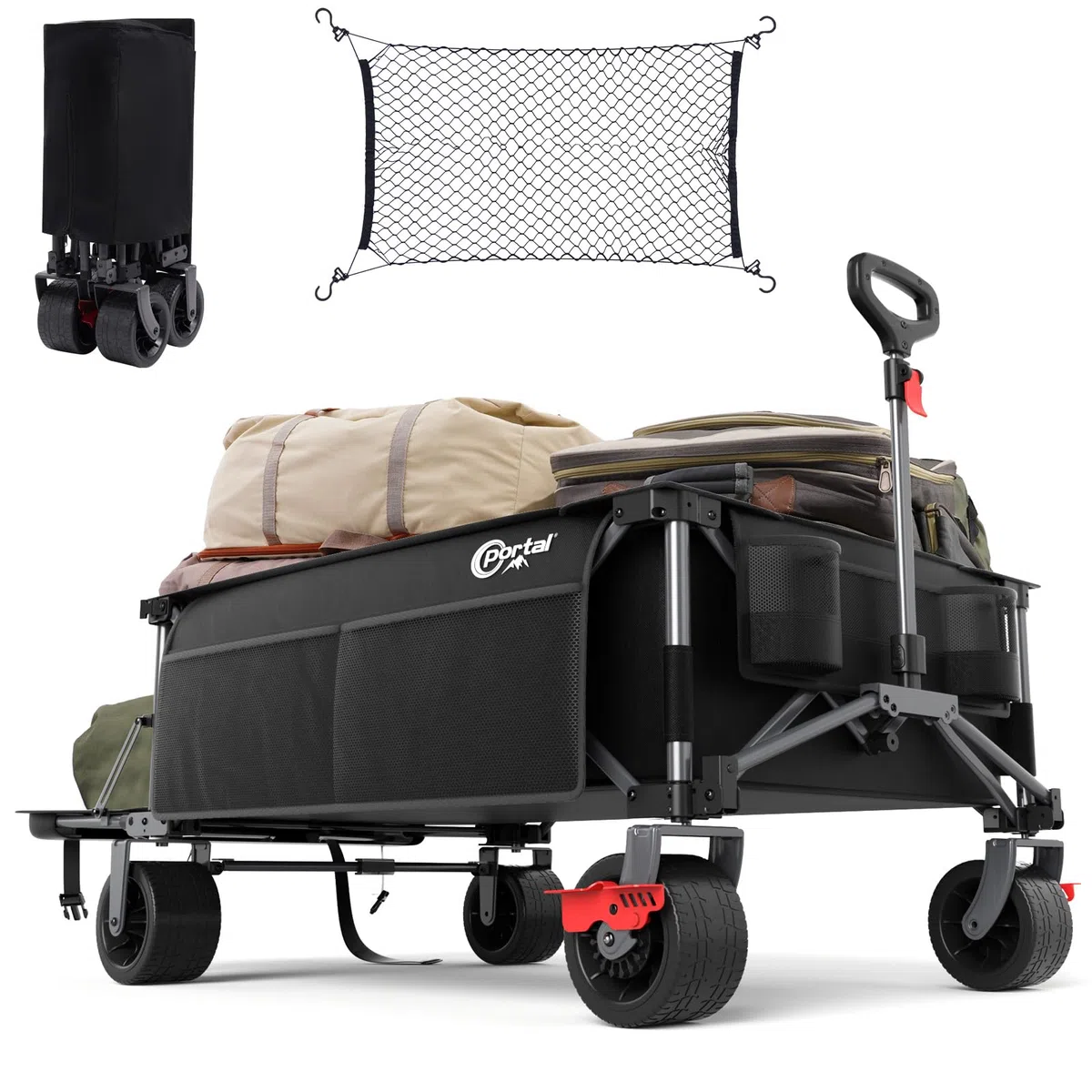 Portal Bollerwagen faltbar XXXL 600L Große Ladefläche 180kg Belastbar Ultrabreit Handwagen mit Seitentasche Transportwagen Leiterwagen Klappbar Strandwagen Faltwagen für Garten Camping Festival