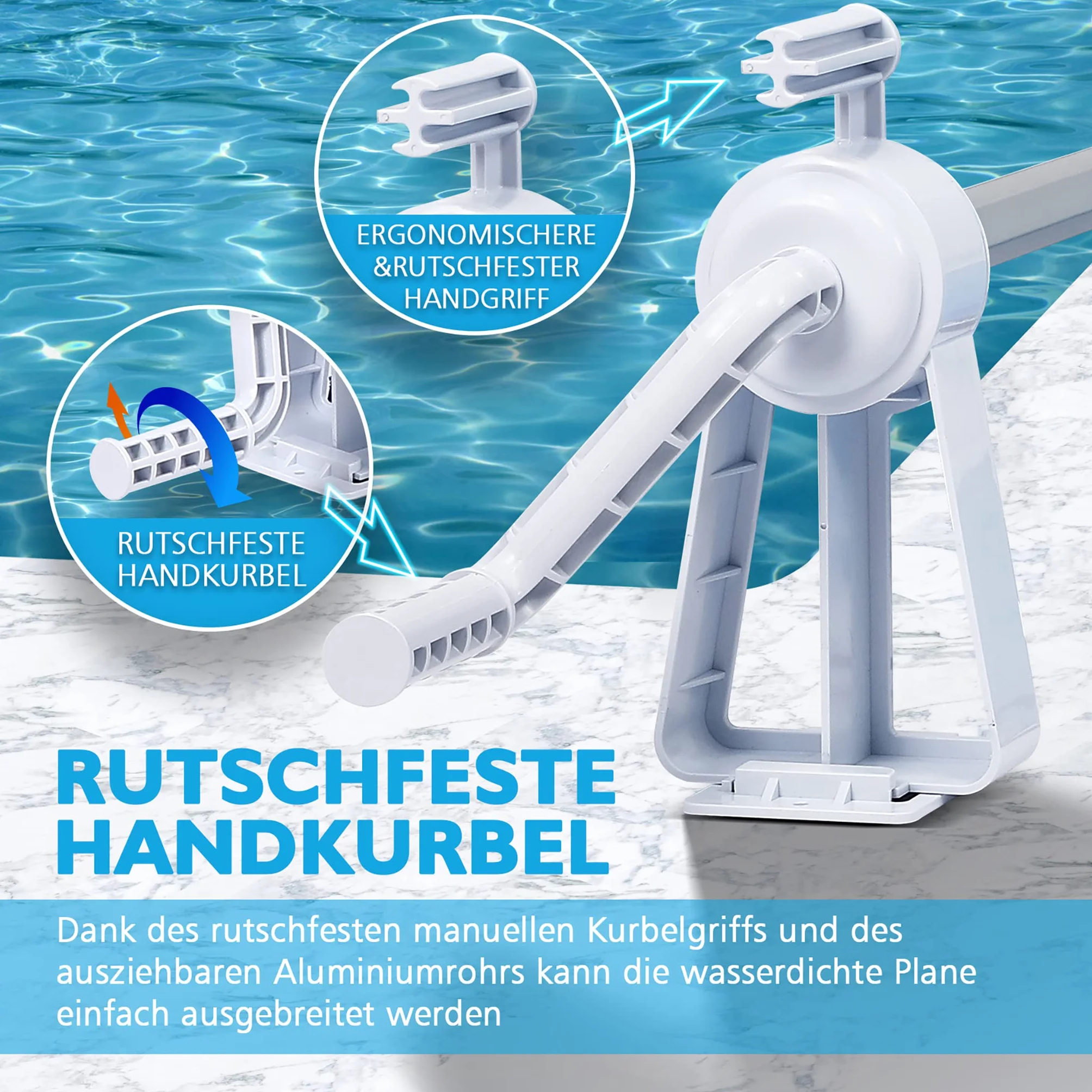 Pool Aufroller Aufrollsystem Aufrollvorrichtung aus Aluminium inkl. 8 Befestigungsbänder für Poolplanen & Solarfolie - 1,05m bis 6,15 m verstellbar